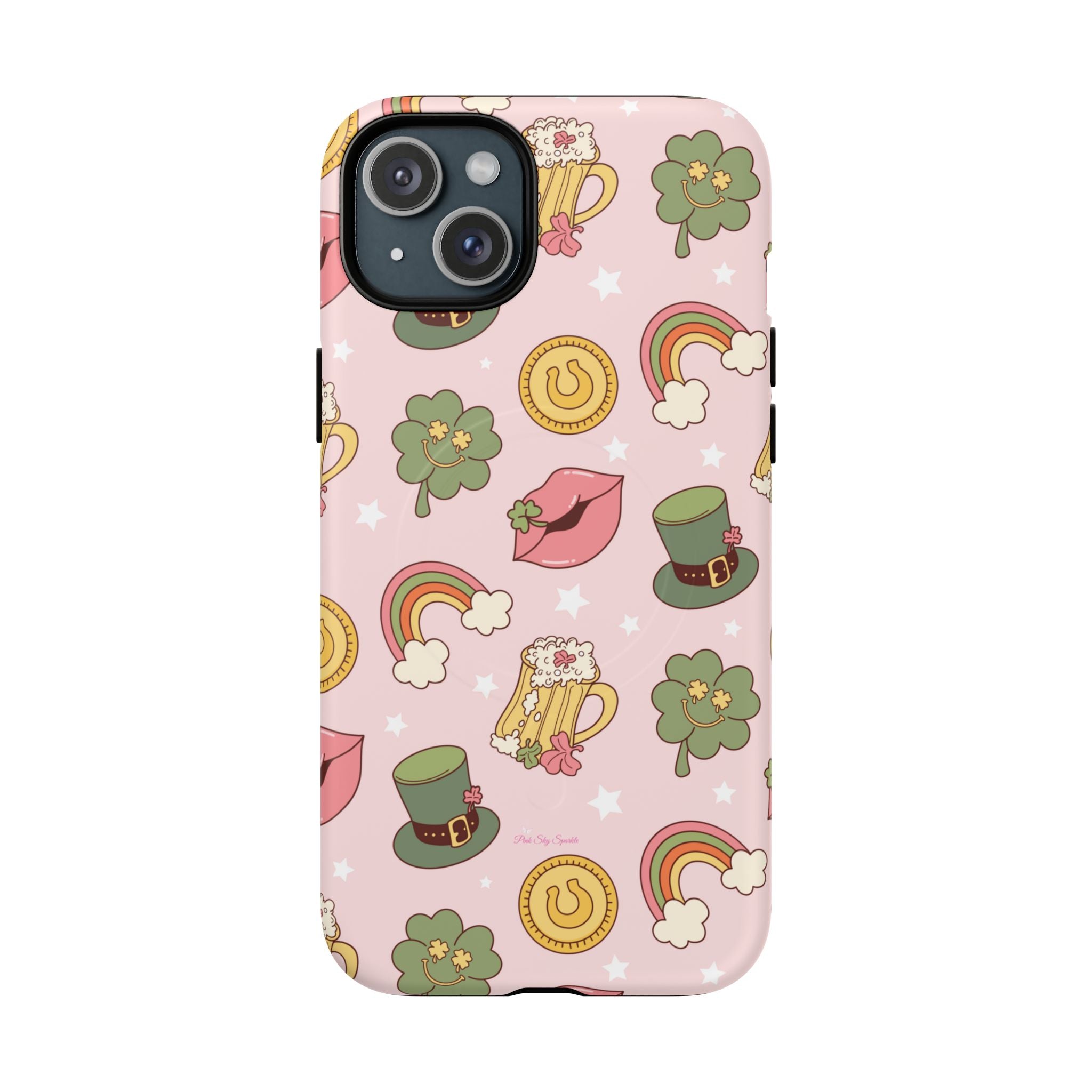 Magnetic iPhone case with a pastel pink background featuring lucky four-leaf clovers, gold coins, rainbows, leprechaun hats, beer mugs, and lips with shamrock details. A festive and playful St. Patrick’s Day design.