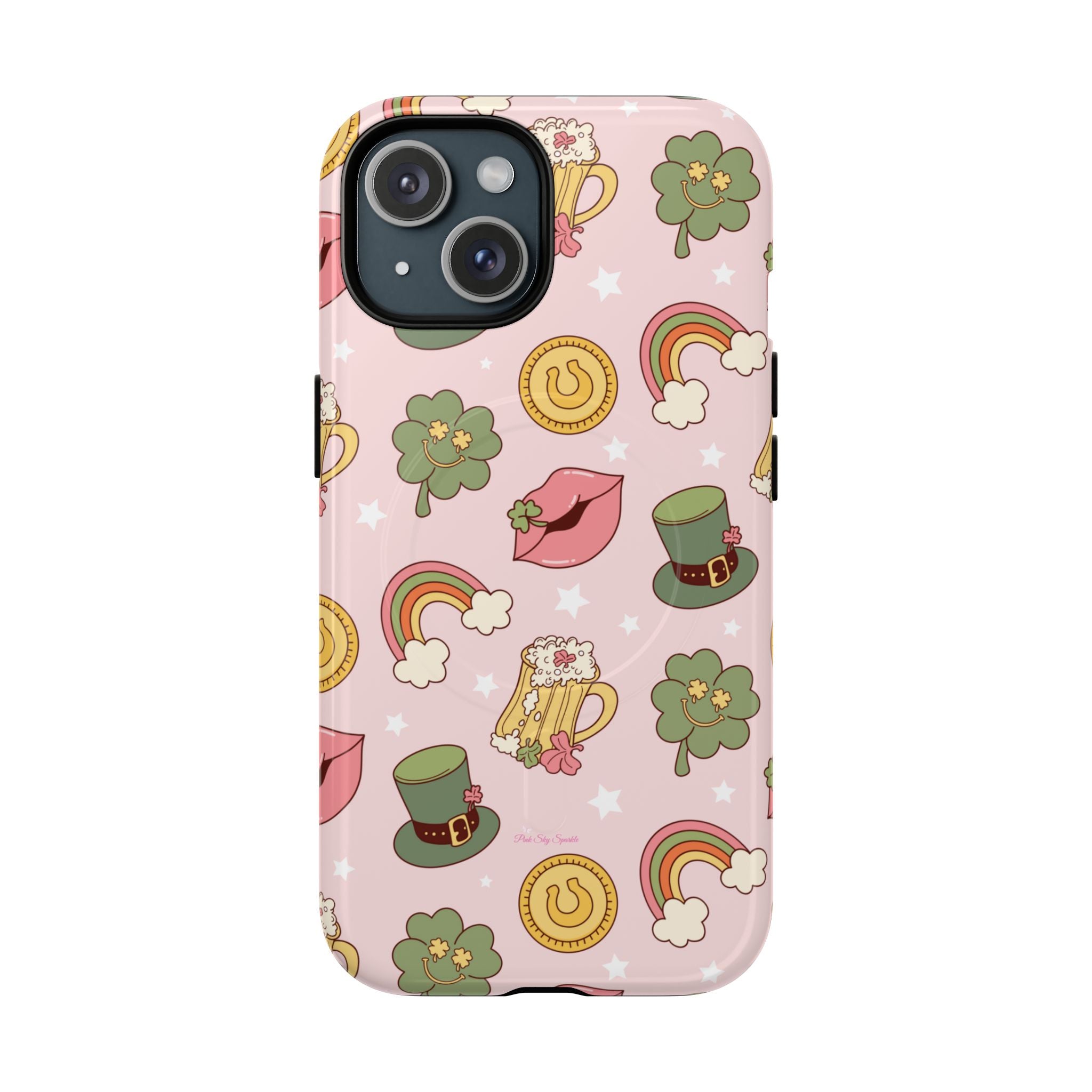 Magnetic iPhone case with a pastel pink background featuring lucky four-leaf clovers, gold coins, rainbows, leprechaun hats, beer mugs, and lips with shamrock details. A festive and playful St. Patrick’s Day design.