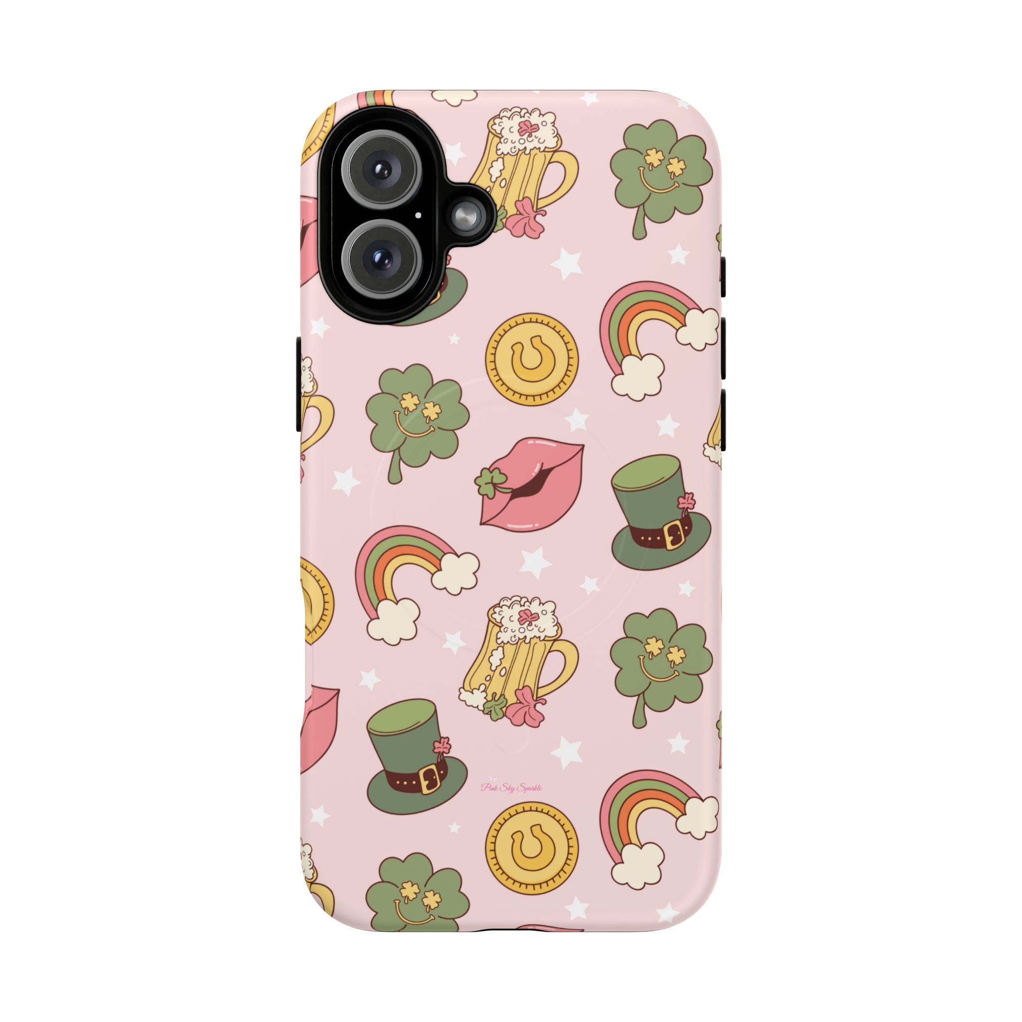 Magnetic iPhone case with a pastel pink background featuring lucky four-leaf clovers, gold coins, rainbows, leprechaun hats, beer mugs, and lips with shamrock details. A festive and playful St. Patrick’s Day design.