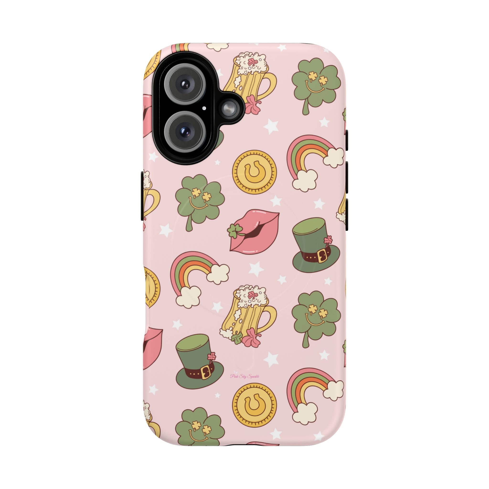 Magnetic iPhone case with a pastel pink background featuring lucky four-leaf clovers, gold coins, rainbows, leprechaun hats, beer mugs, and lips with shamrock details. A festive and playful St. Patrick’s Day design.