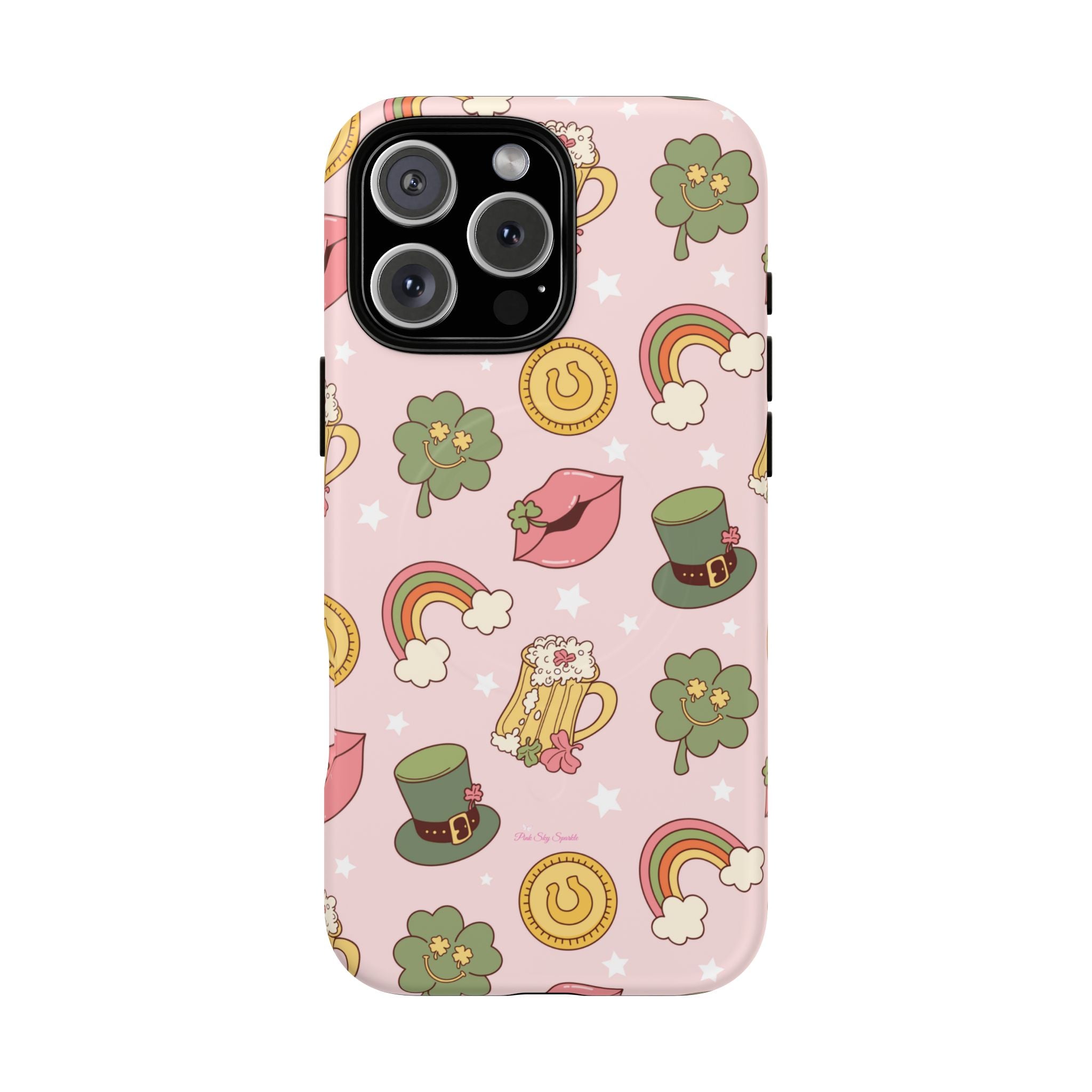 Magnetic iPhone case with a pastel pink background featuring lucky four-leaf clovers, gold coins, rainbows, leprechaun hats, beer mugs, and lips with shamrock details. A festive and playful St. Patrick’s Day design.