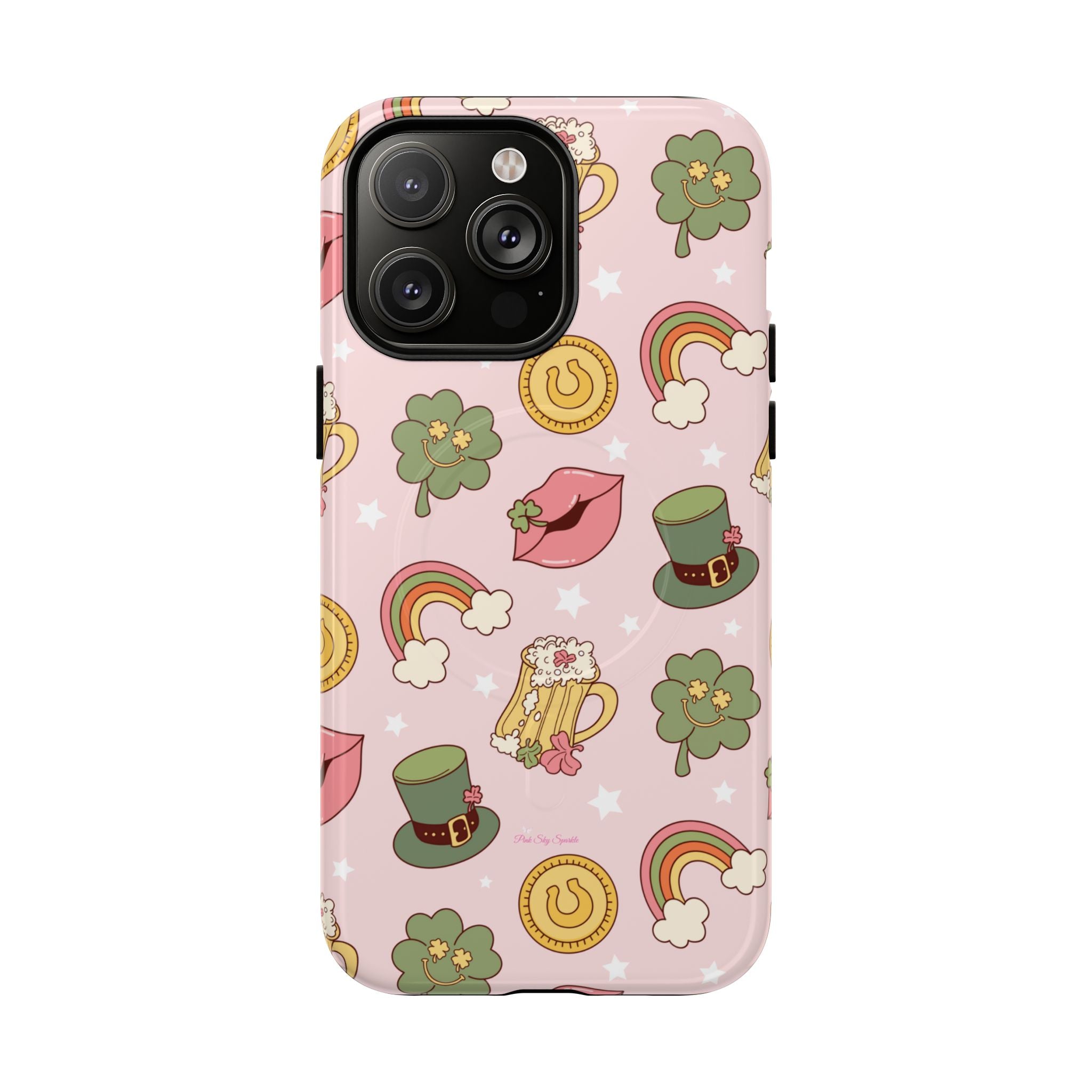 Magnetic iPhone case with a pastel pink background featuring lucky four-leaf clovers, gold coins, rainbows, leprechaun hats, beer mugs, and lips with shamrock details. A festive and playful St. Patrick’s Day design.
