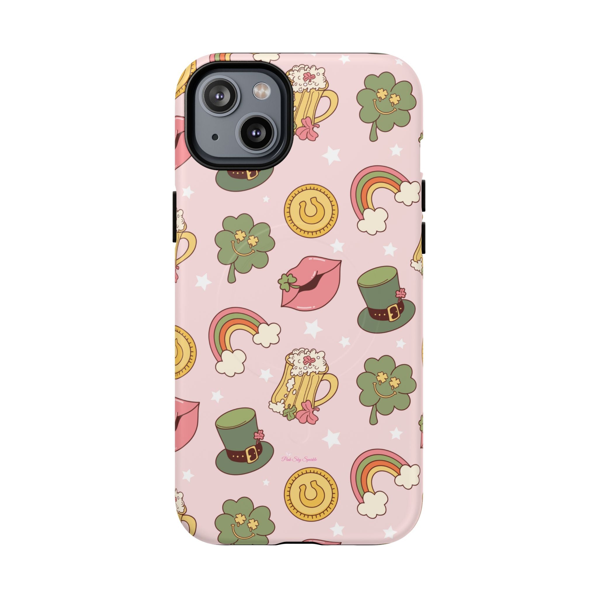 Magnetic iPhone case with a pastel pink background featuring lucky four-leaf clovers, gold coins, rainbows, leprechaun hats, beer mugs, and lips with shamrock details. A festive and playful St. Patrick’s Day design.