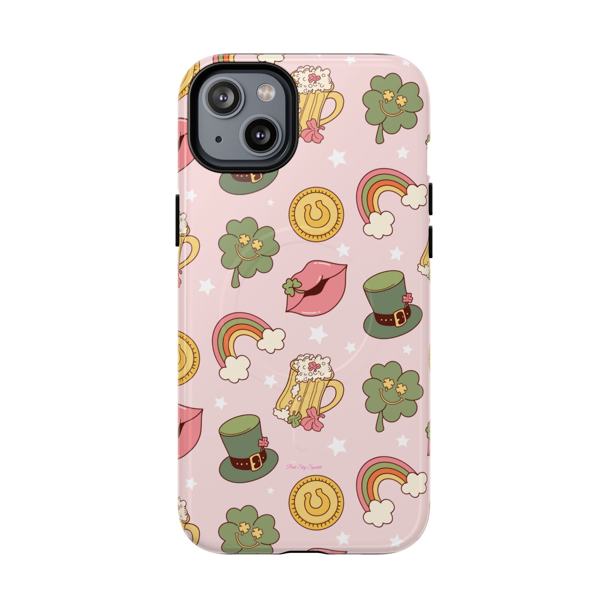 Magnetic iPhone case with a pastel pink background featuring lucky four-leaf clovers, gold coins, rainbows, leprechaun hats, beer mugs, and lips with shamrock details. A festive and playful St. Patrick’s Day design.