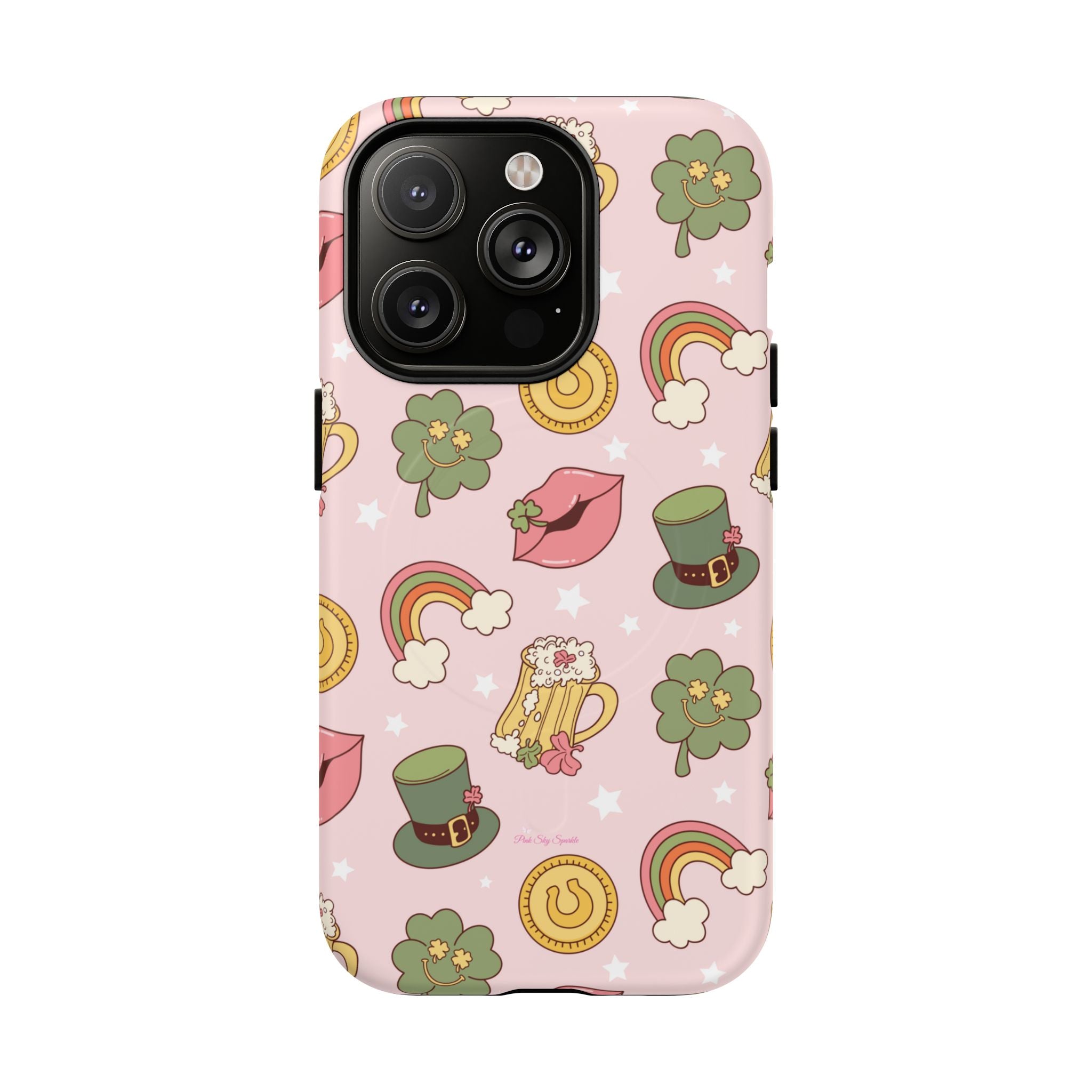 Magnetic iPhone case with a pastel pink background featuring lucky four-leaf clovers, gold coins, rainbows, leprechaun hats, beer mugs, and lips with shamrock details. A festive and playful St. Patrick’s Day design.