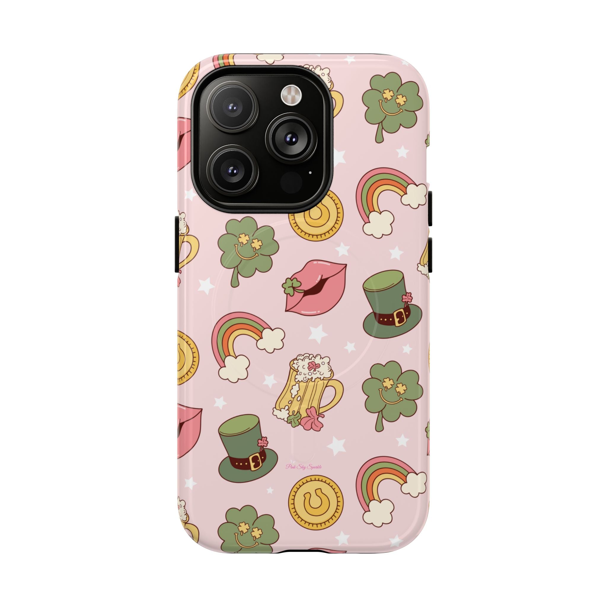 Magnetic iPhone case with a pastel pink background featuring lucky four-leaf clovers, gold coins, rainbows, leprechaun hats, beer mugs, and lips with shamrock details. A festive and playful St. Patrick’s Day design.