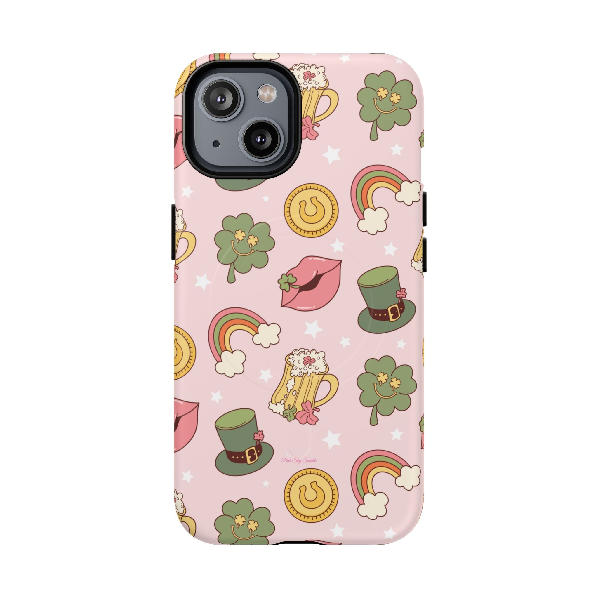 Magnetic iPhone case with a pastel pink background featuring lucky four-leaf clovers, gold coins, rainbows, leprechaun hats, beer mugs, and lips with shamrock details. A festive and playful St. Patrick’s Day design.