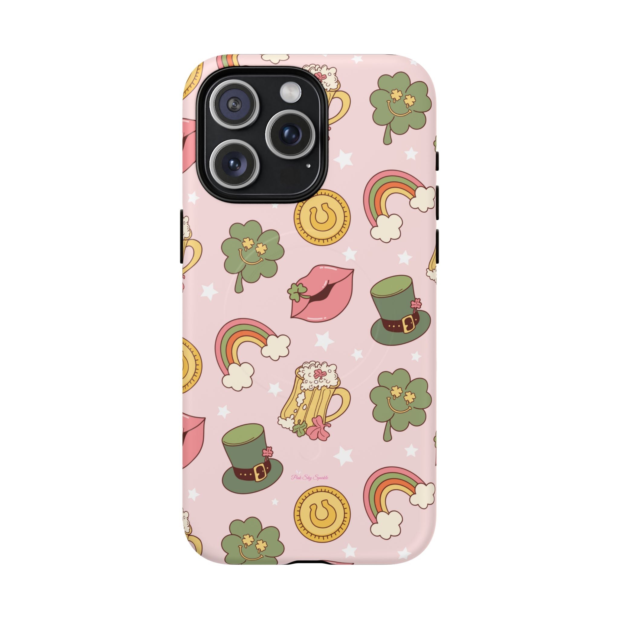 Magnetic iPhone case with a pastel pink background featuring lucky four-leaf clovers, gold coins, rainbows, leprechaun hats, beer mugs, and lips with shamrock details. A festive and playful St. Patrick’s Day design.