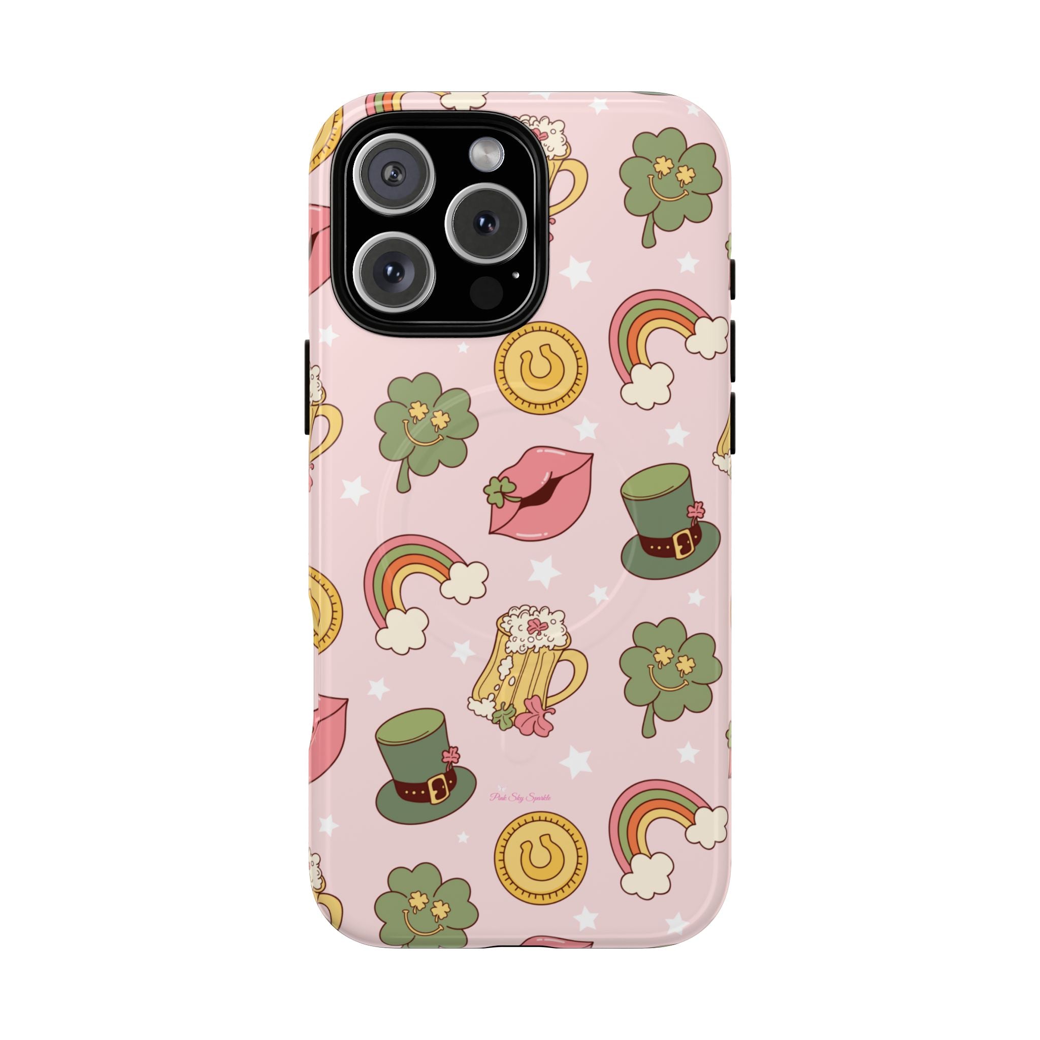 Magnetic iPhone case with a pastel pink background featuring lucky four-leaf clovers, gold coins, rainbows, leprechaun hats, beer mugs, and lips with shamrock details. A festive and playful St. Patrick’s Day design.