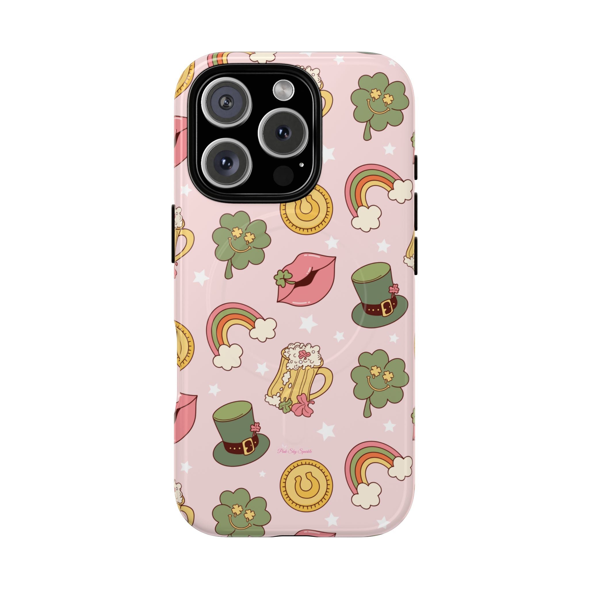 Magnetic iPhone case with a pastel pink background featuring lucky four-leaf clovers, gold coins, rainbows, leprechaun hats, beer mugs, and lips with shamrock details. A festive and playful St. Patrick’s Day design.
