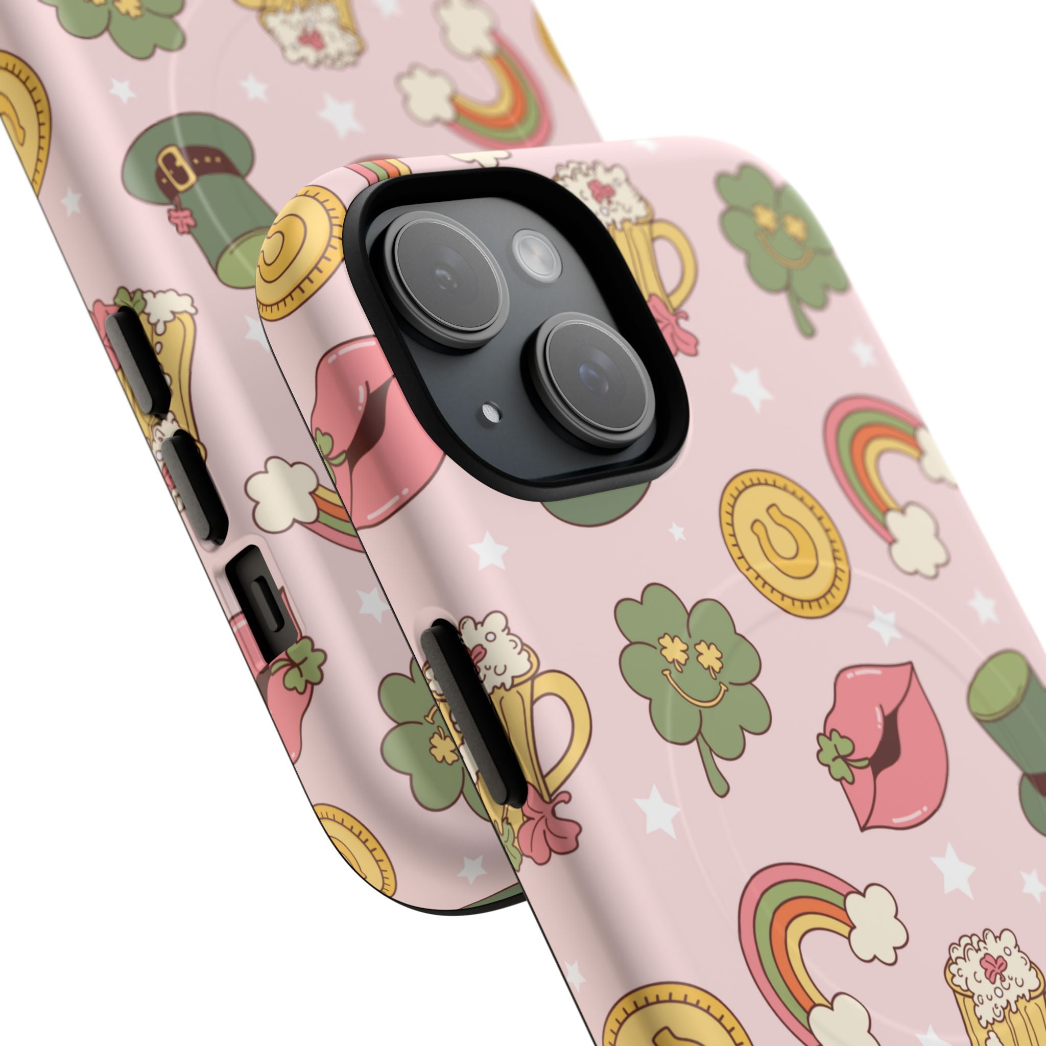 Magnetic iPhone case with a pastel pink background featuring lucky four-leaf clovers, gold coins, rainbows, leprechaun hats, beer mugs, and lips with shamrock details. A festive and playful St. Patrick’s Day design.