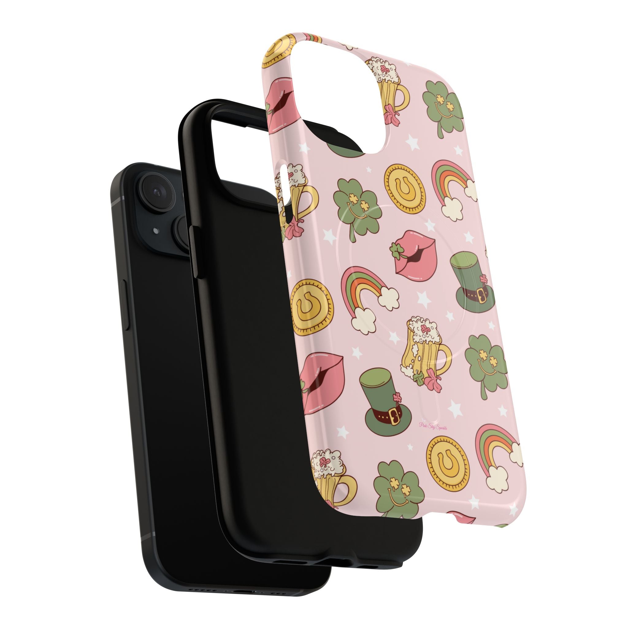 Magnetic iPhone case with a pastel pink background featuring lucky four-leaf clovers, gold coins, rainbows, leprechaun hats, beer mugs, and lips with shamrock details. A festive and playful St. Patrick’s Day design.
