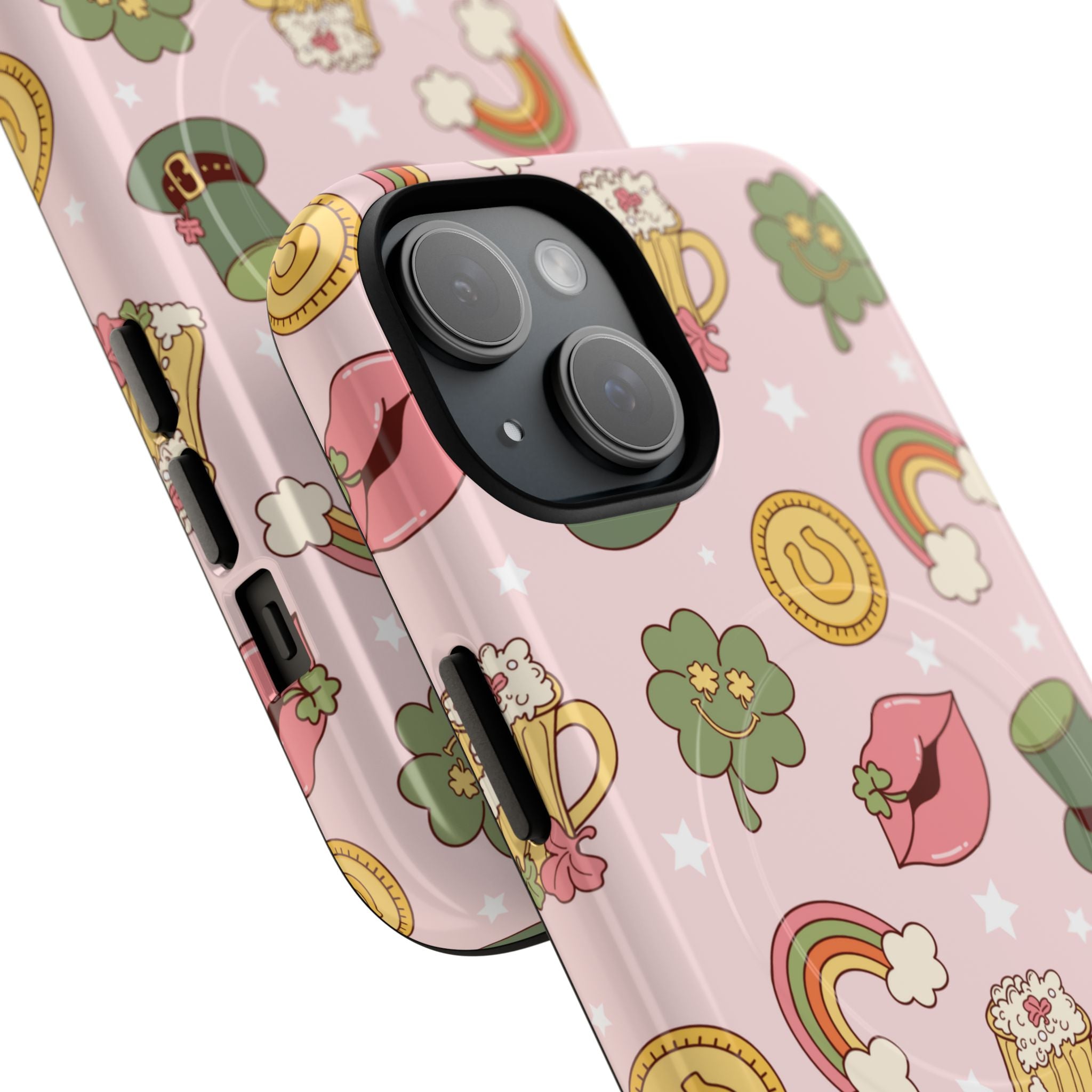 Magnetic iPhone case with a pastel pink background featuring lucky four-leaf clovers, gold coins, rainbows, leprechaun hats, beer mugs, and lips with shamrock details. A festive and playful St. Patrick’s Day design.