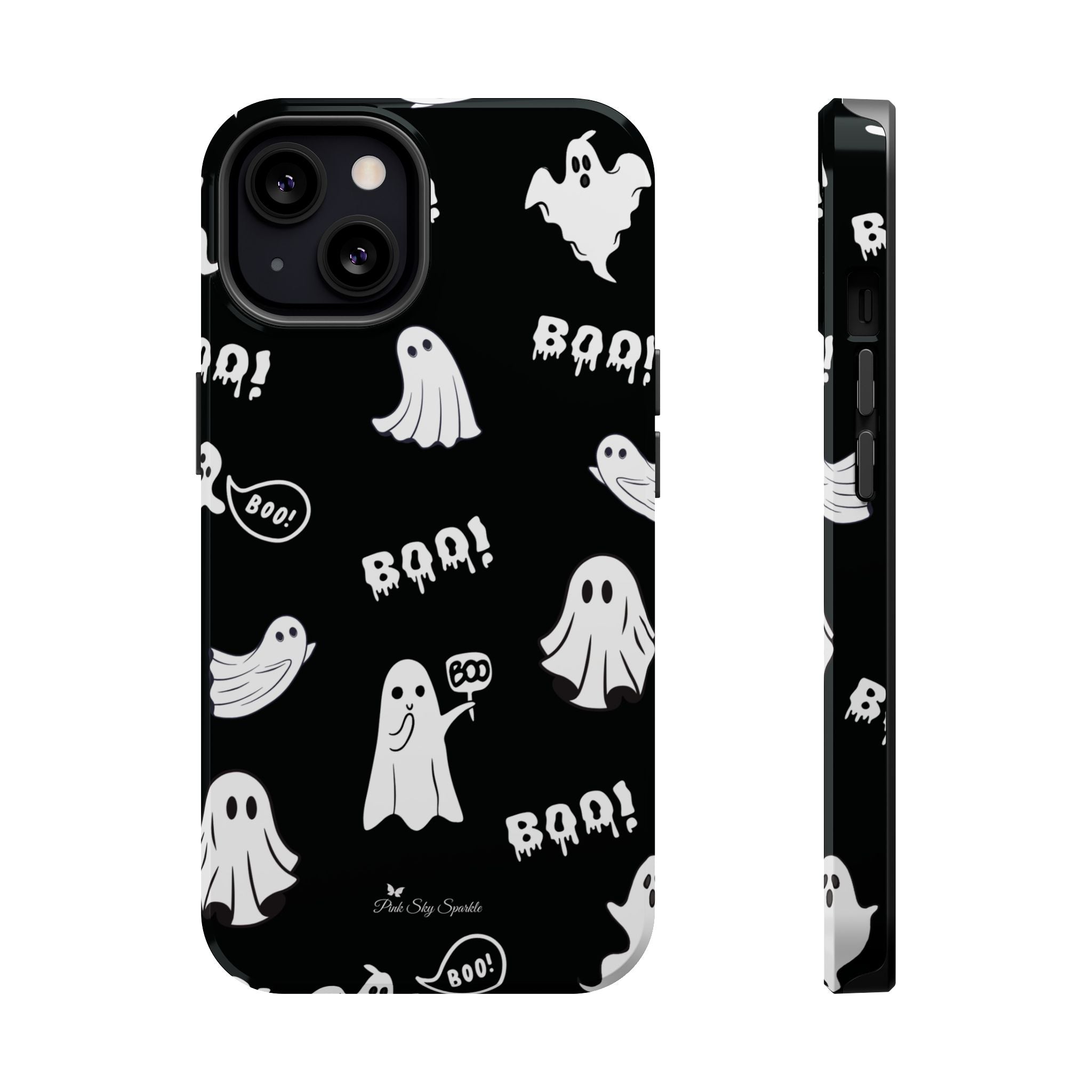Phone case with ghost and 'BOO!' pattern on a black background