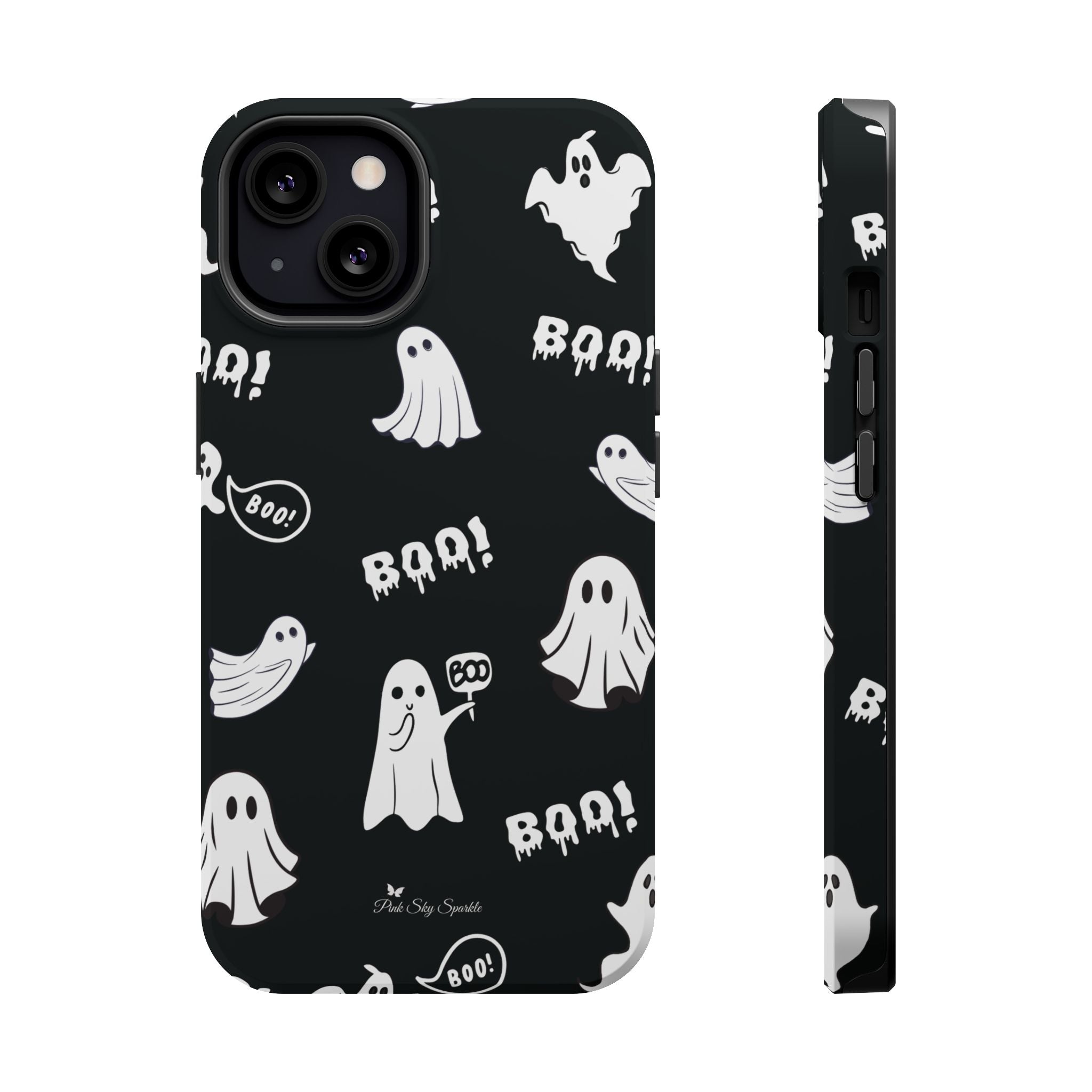 Phone case with ghost and 'BOO!' pattern on a black background