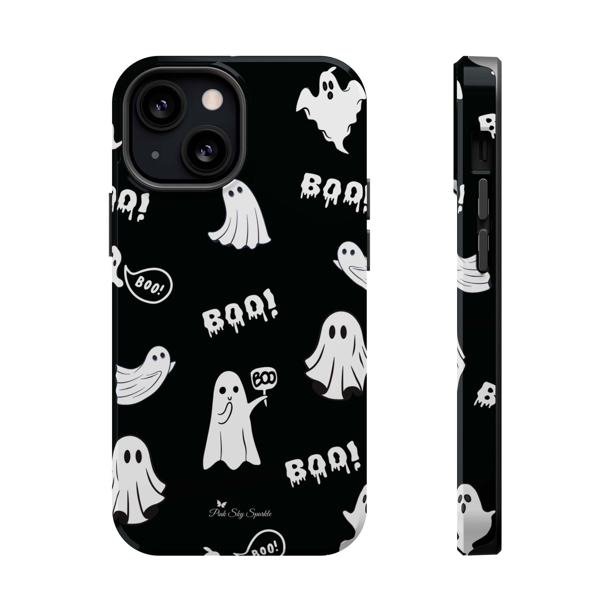Phone case with ghost and 'BOO!' pattern on a black background