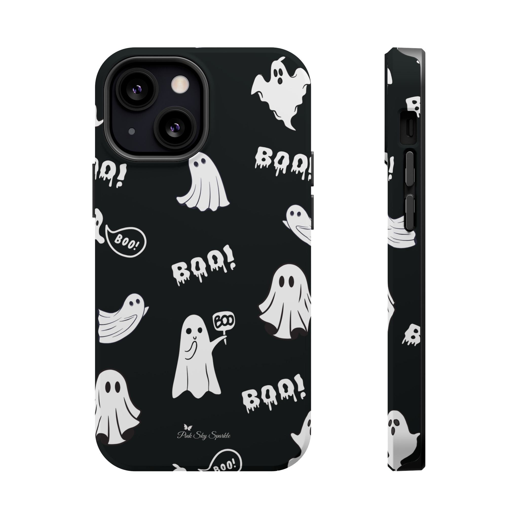 Phone case with ghost and 'BOO!' pattern on a black background