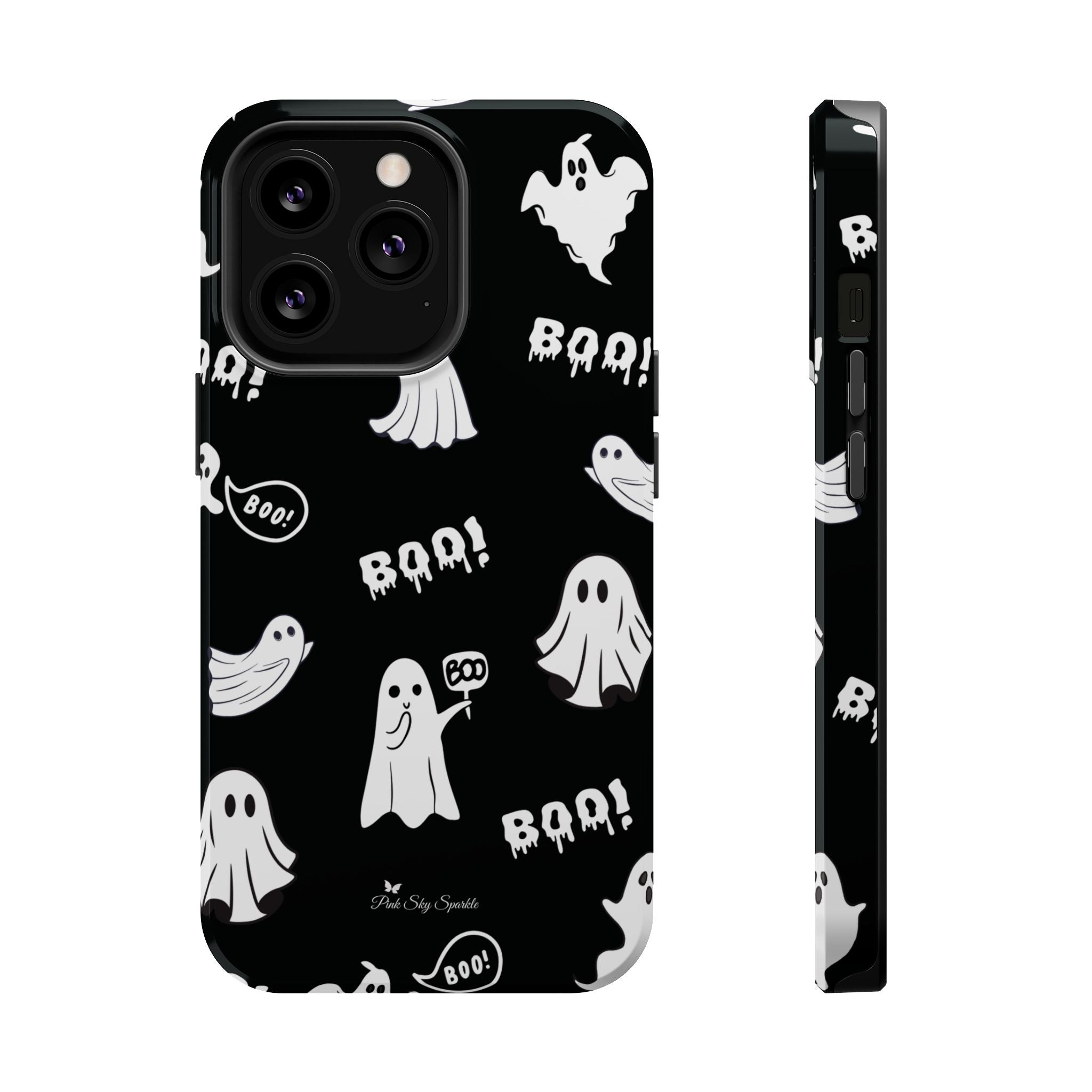 Phone case with ghost and 'BOO!' pattern on a black background