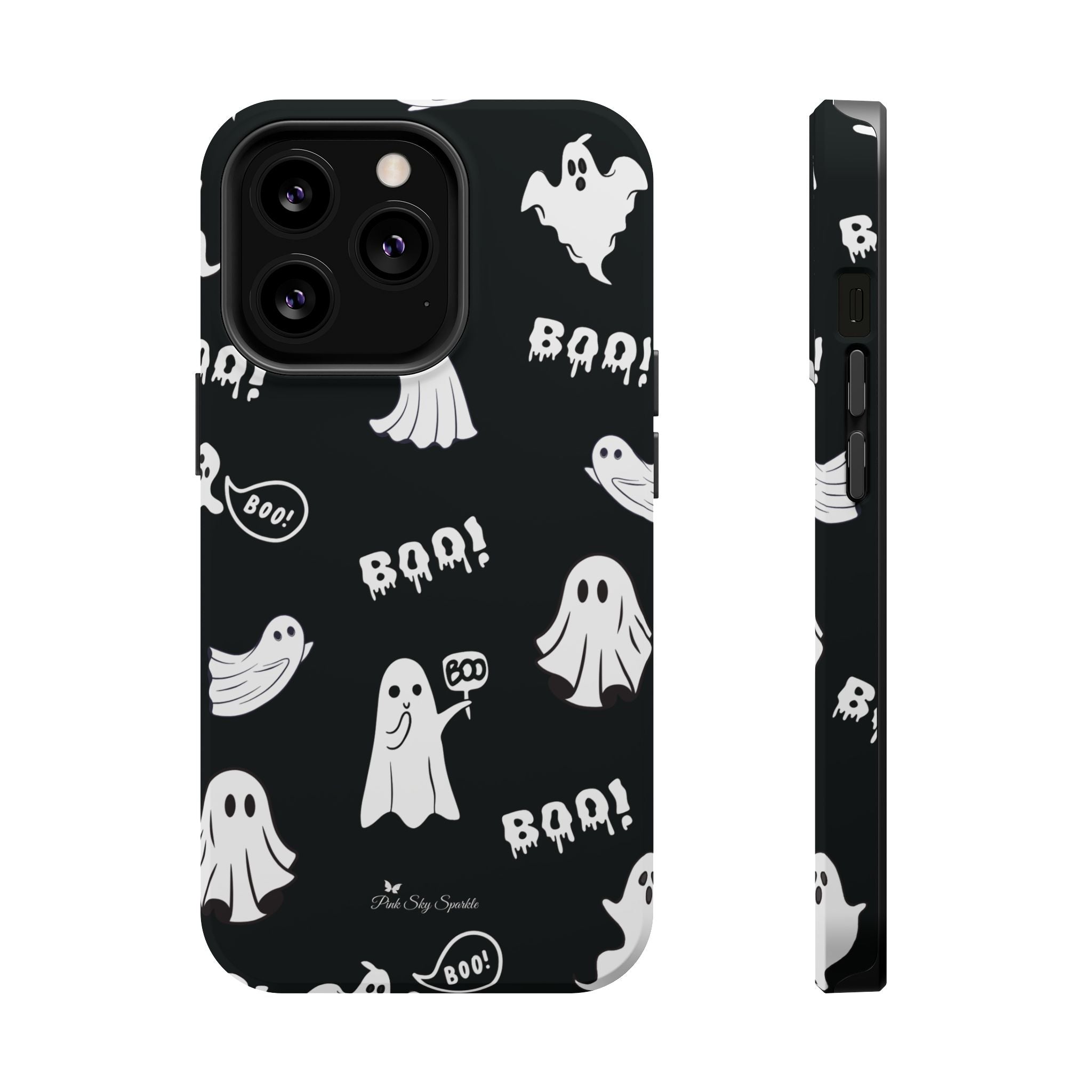Phone case with ghost and 'BOO!' pattern on black background