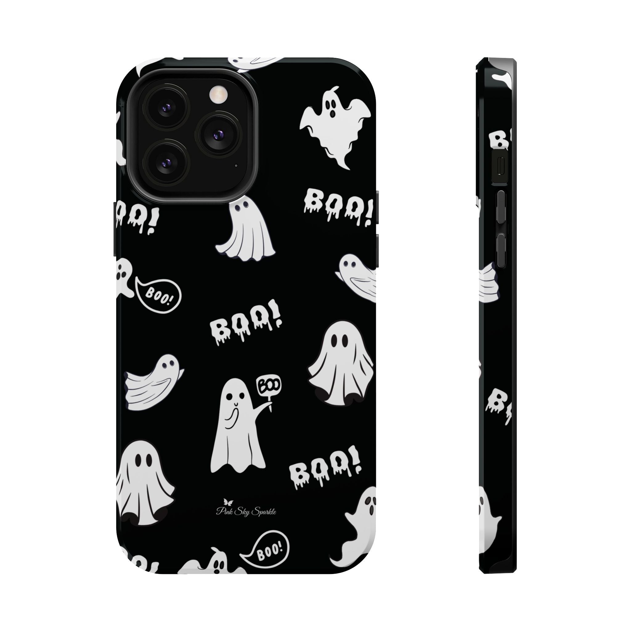 Phone case with ghost and 'BOO!' pattern on a black background