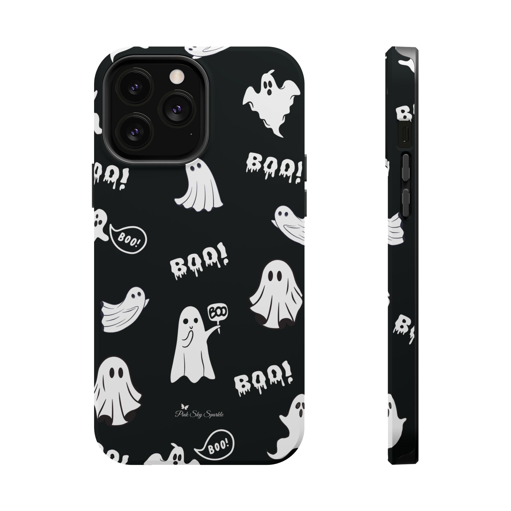 Phone case with ghost and 'BOO!' pattern on a black background