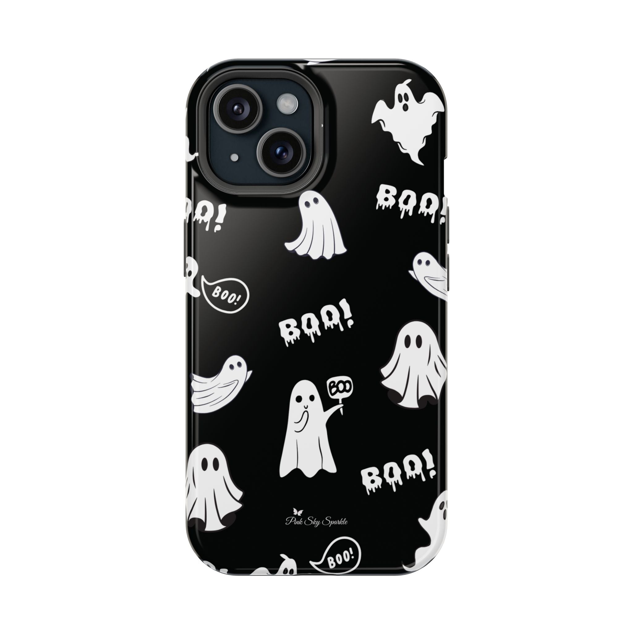 Phone case with ghost and 'BOO!' pattern on a black background