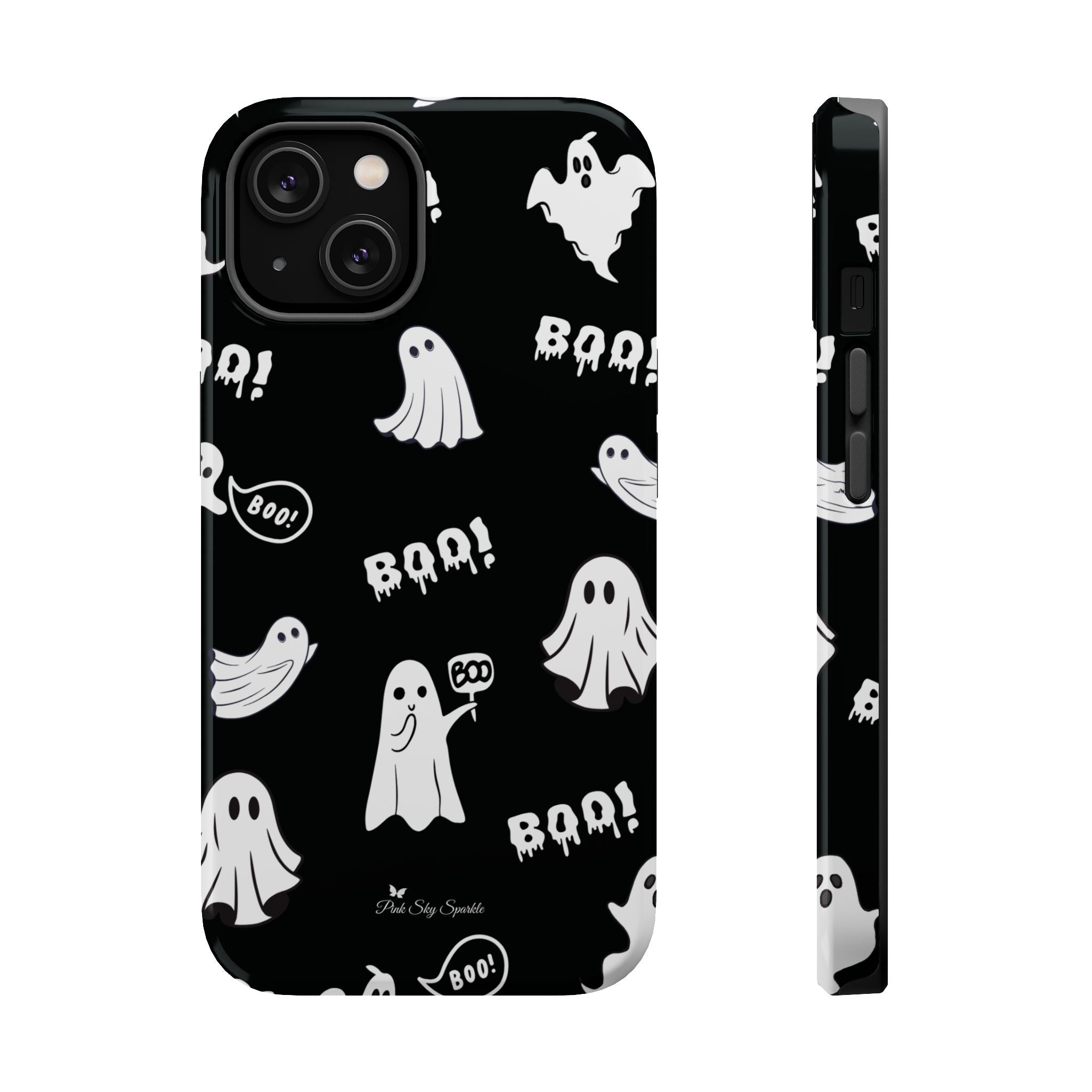 Phone case with ghost and 'BOO!' pattern on a black background