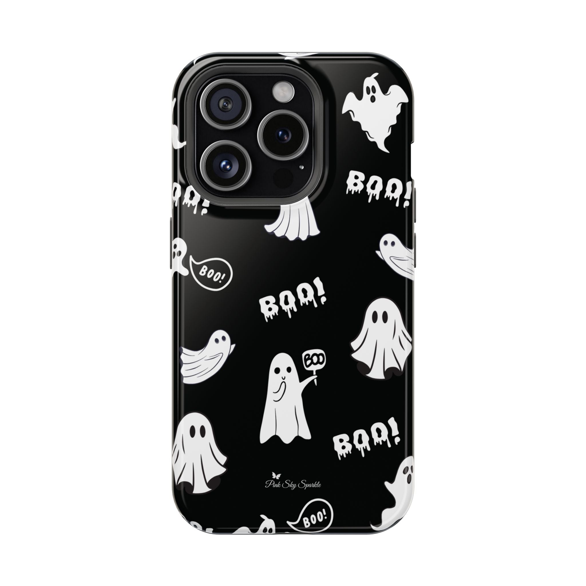 Black phone case with white ghost and 'BOO!' pattern on a white background