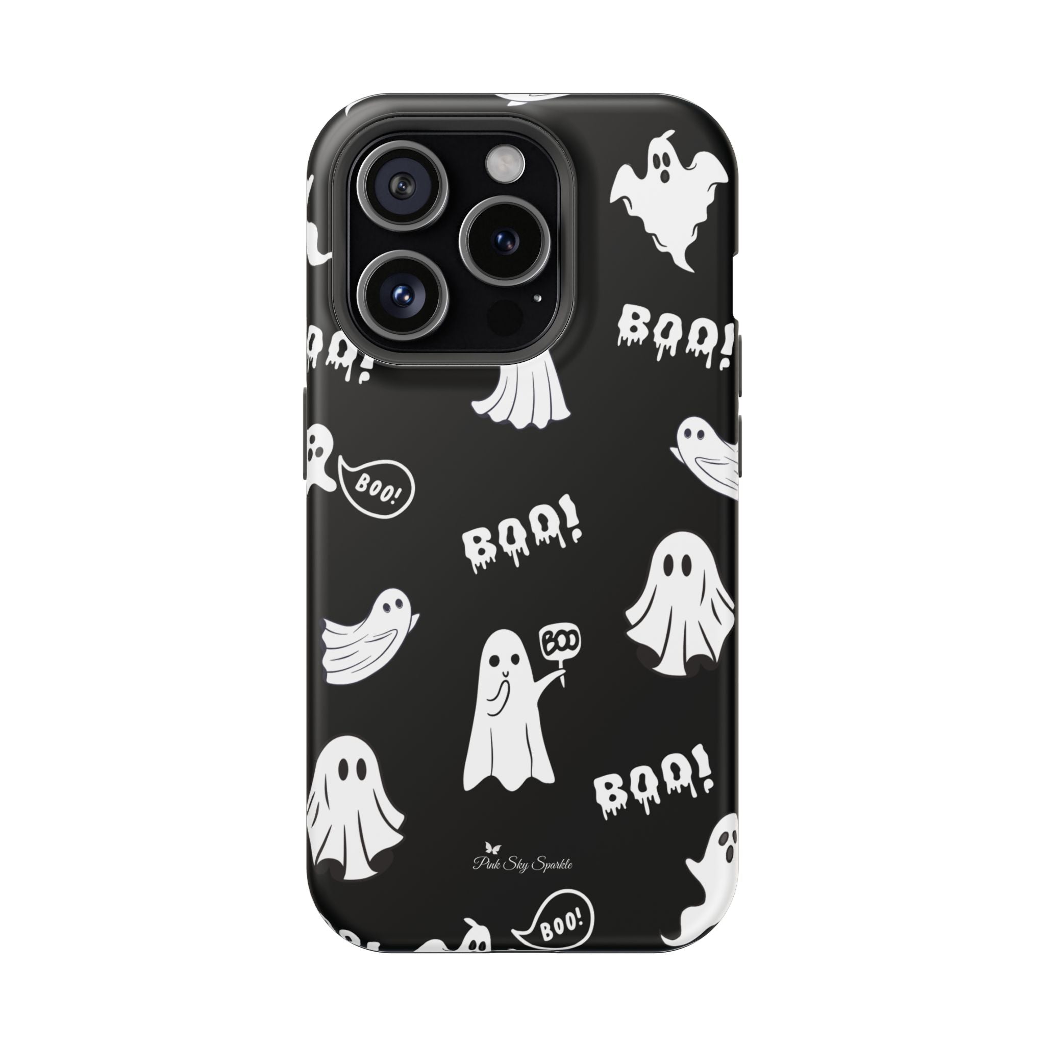Black phone case with white ghost and 'BOO!' pattern on a white background