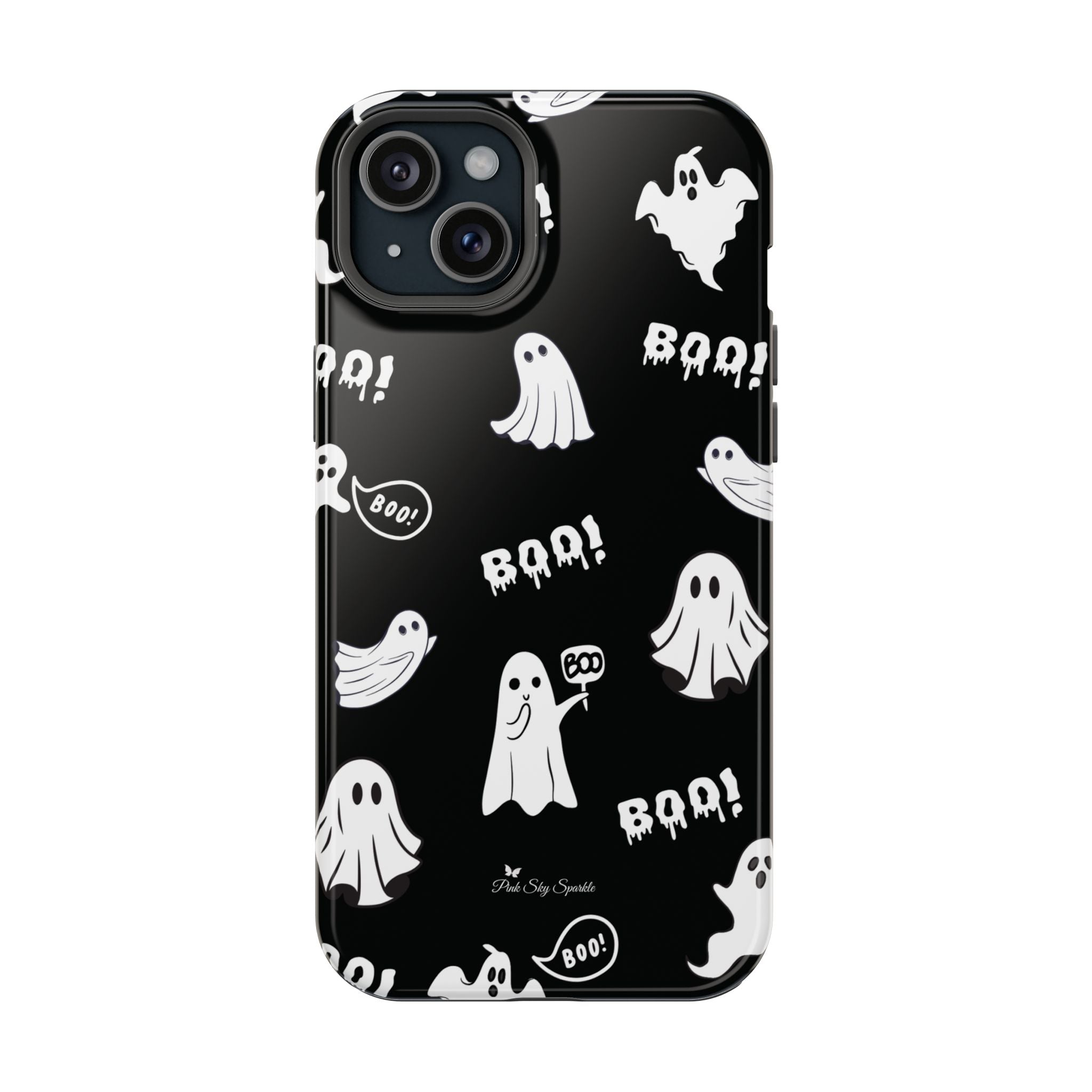 Phone case with Halloween-themed design featuring ghosts and 'BOO!' text on a black background