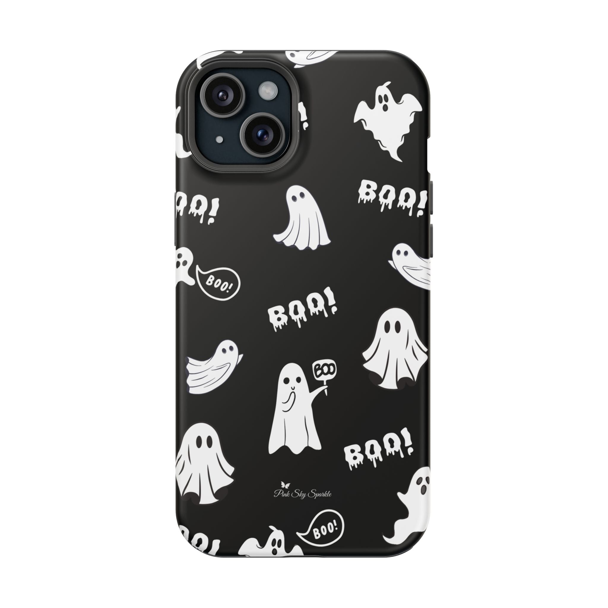 Phone case with Halloween-themed design featuring ghosts and 'BOO!' text on a black background.
