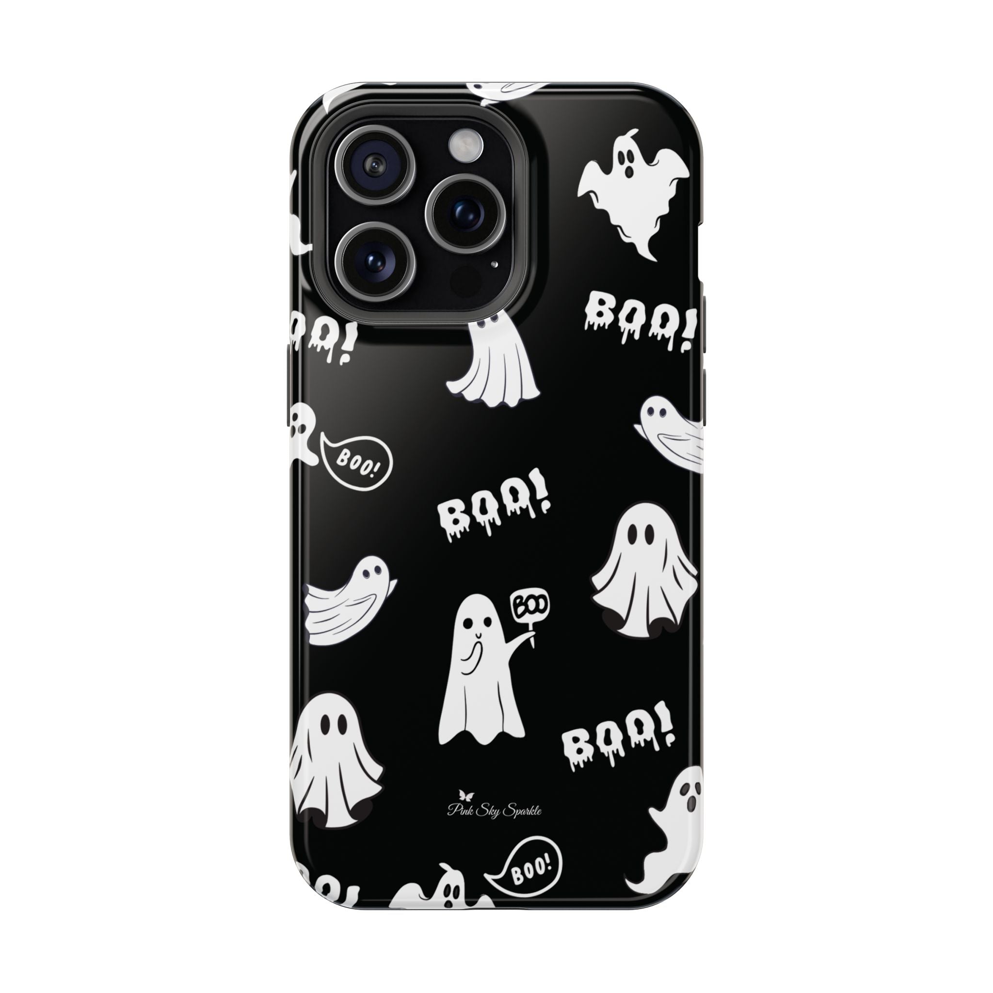 Phone case with Halloween-themed design featuring ghosts and 'BOO!' text on a black background