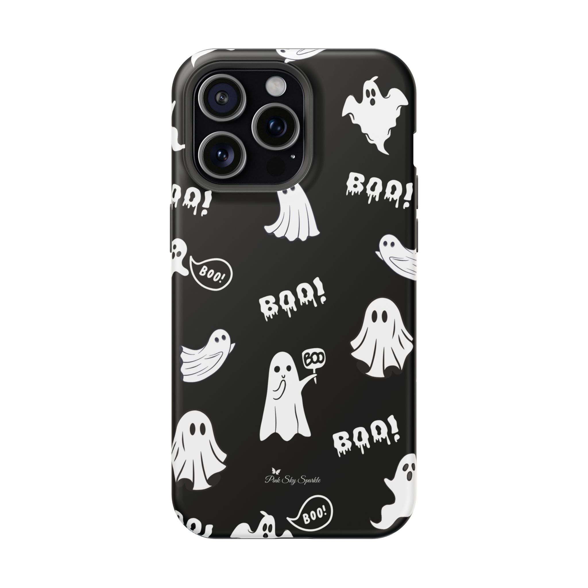 Phone case with Halloween-themed design featuring ghosts and 'BOO!' text on a black background