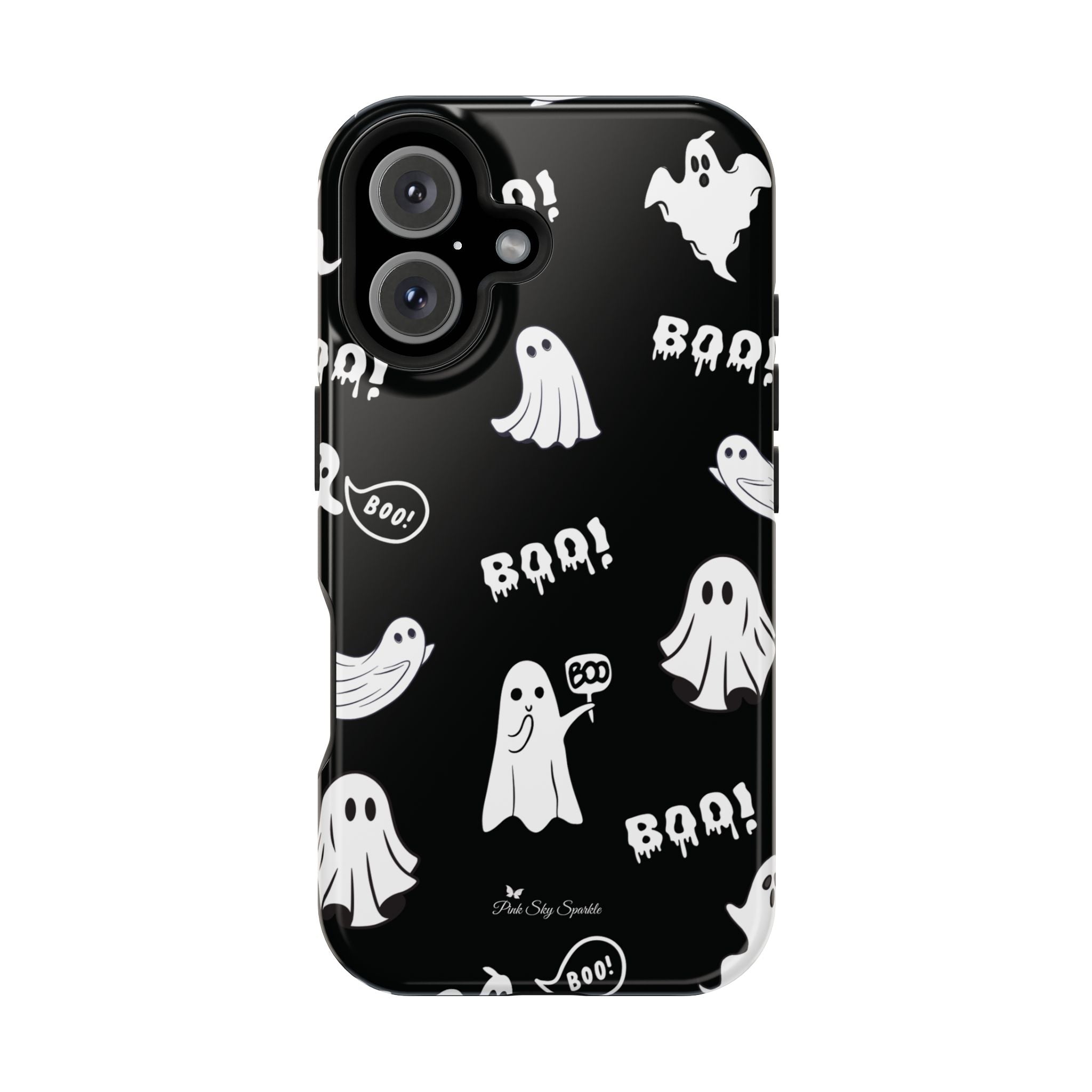 Phone case with ghost and 'BOO!' pattern on a black background