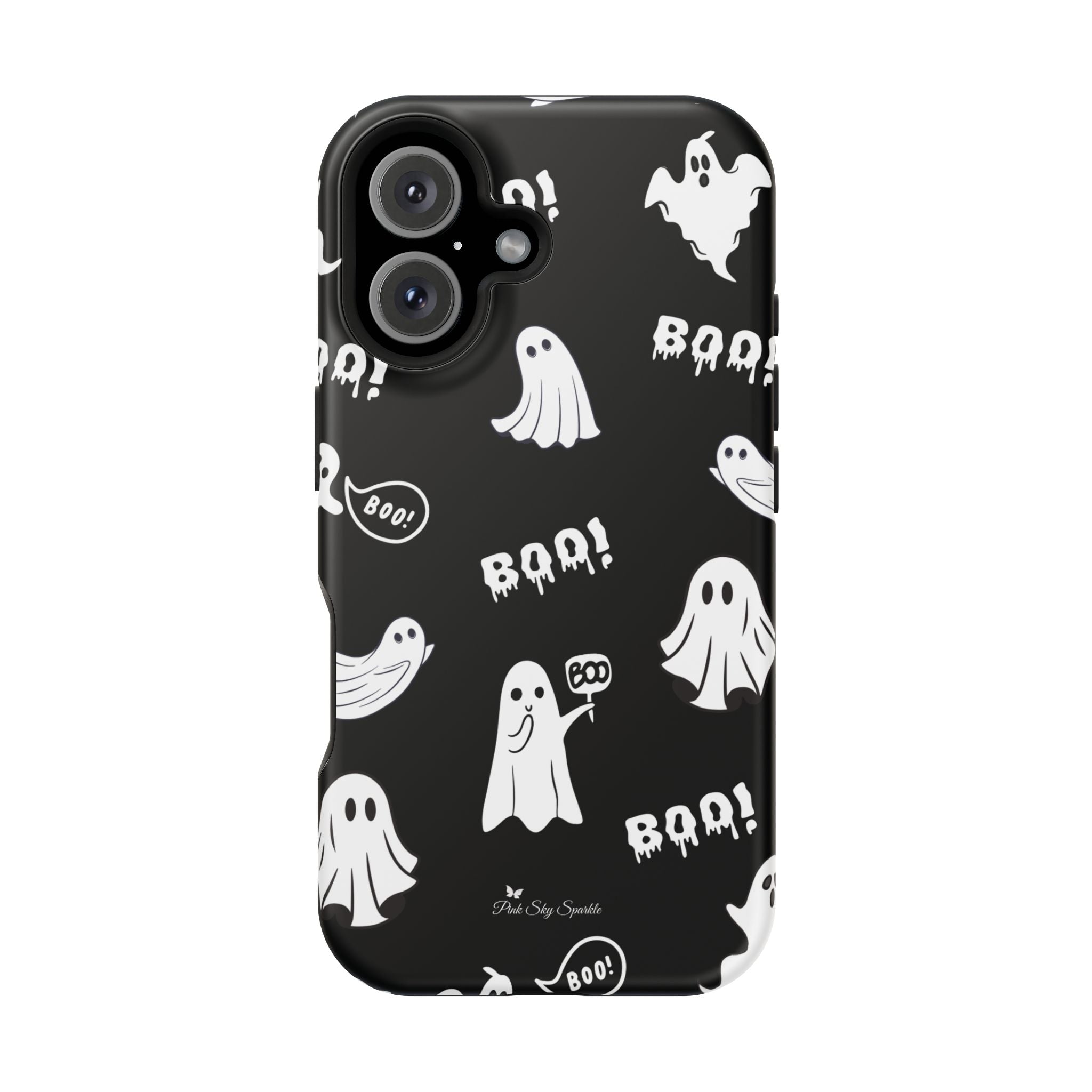 Phone case with Halloween-themed design featuring ghosts and 'BOO!' text on a black background