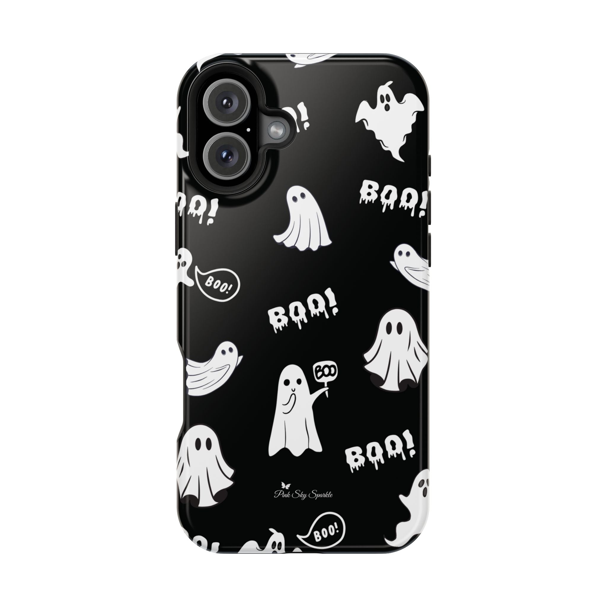 Phone case with ghost and 'BOO!' pattern on a black background