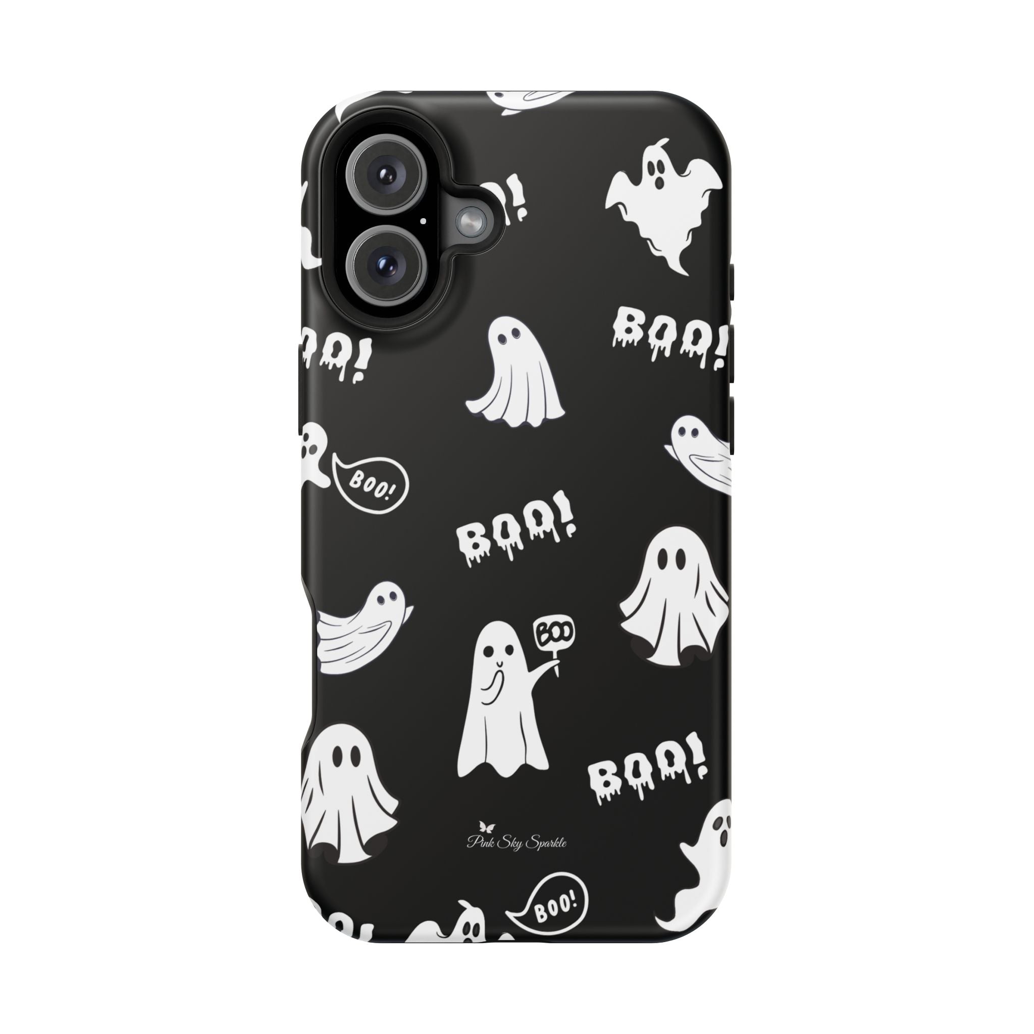 Phone case with Halloween-themed design featuring ghosts and 'BOO!' text on a black background.