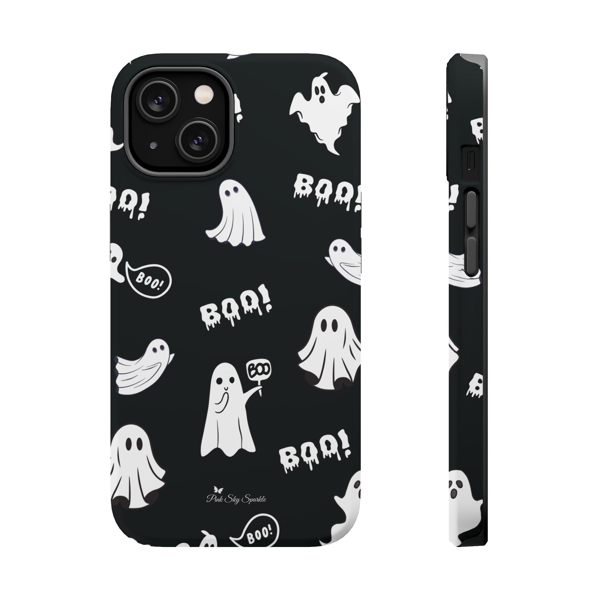 Phone case with ghost and 'BOO!' pattern on a black background