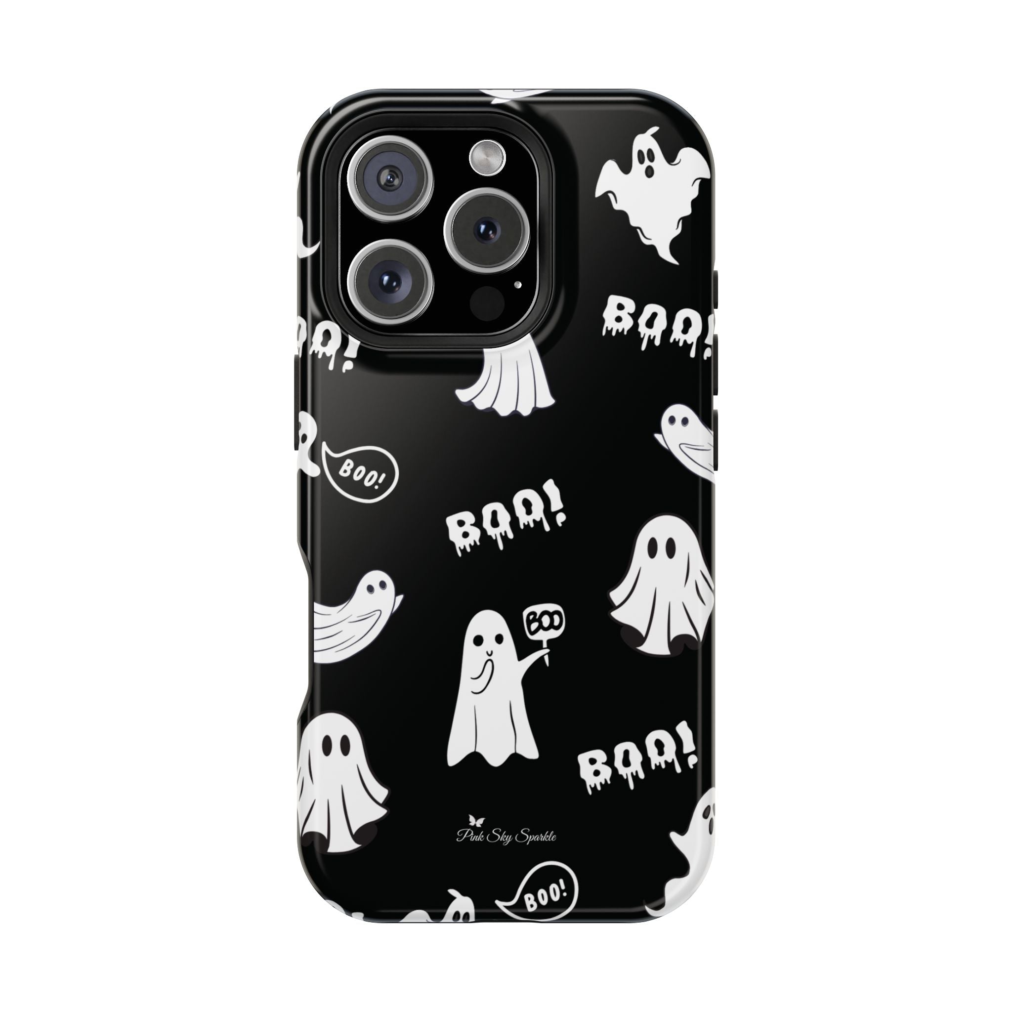 Black phone case with white ghosts and 'BOO!' text on a white background