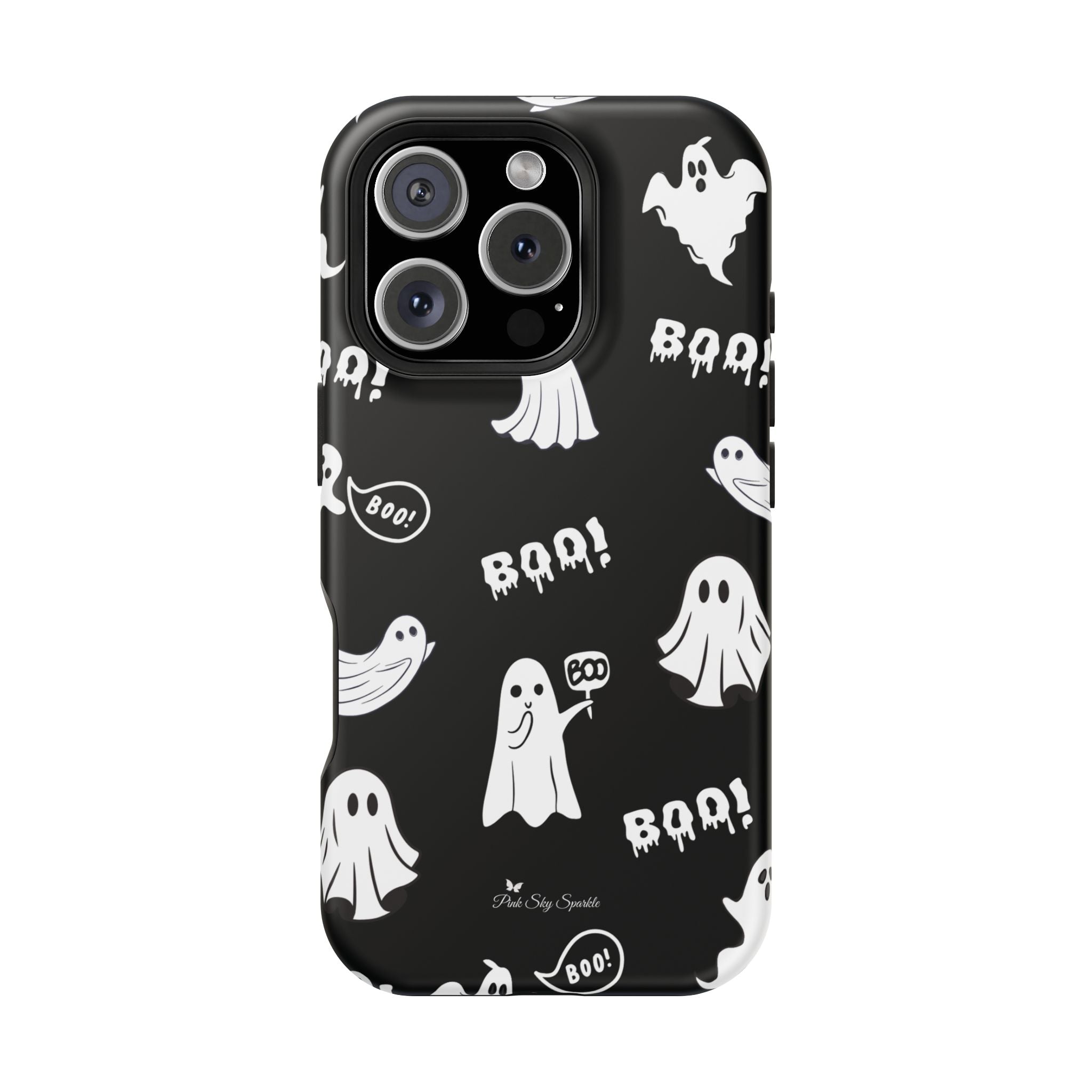 Black phone case with white ghost and 'BOO!' pattern on a white background