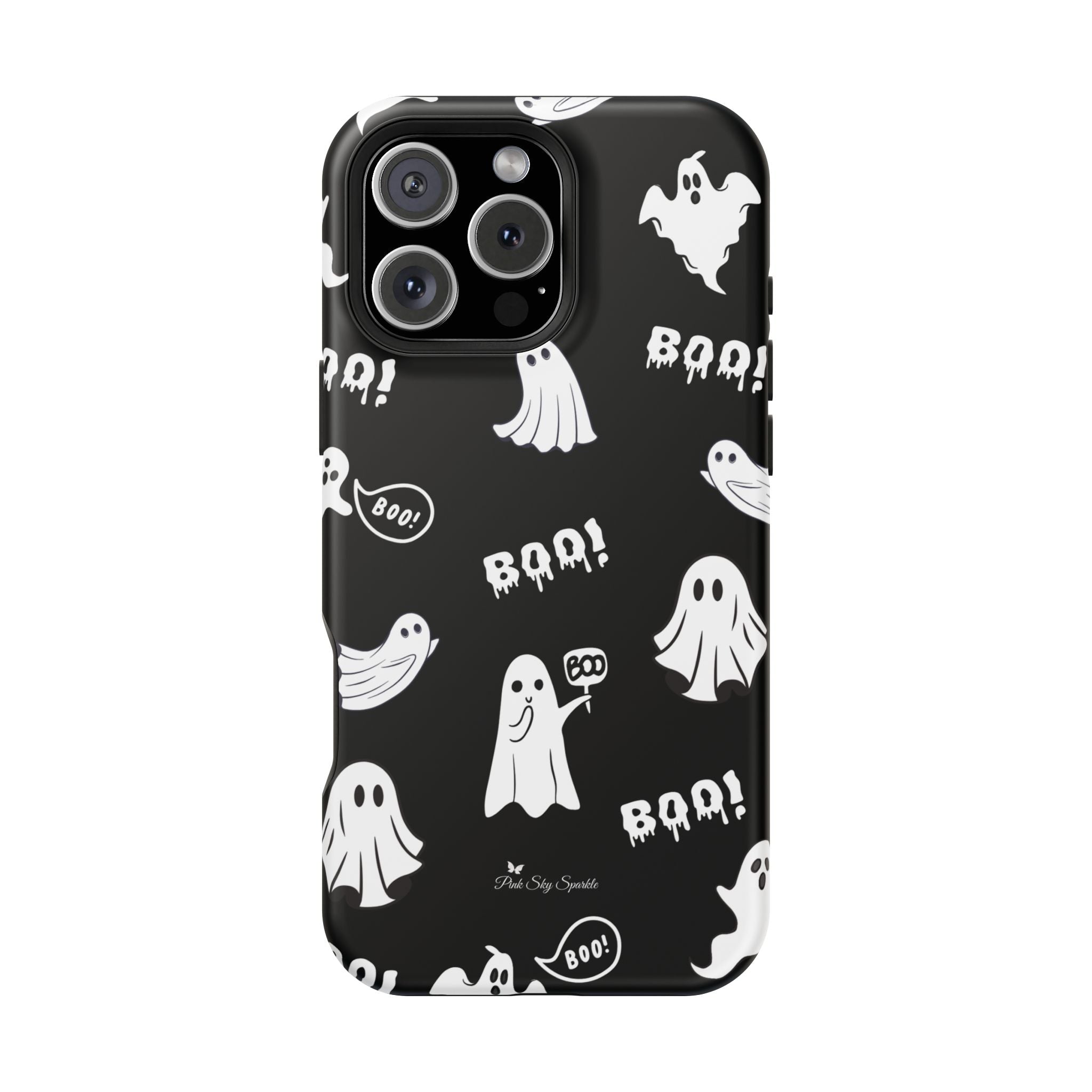 Phone case with Halloween-themed design featuring ghosts and 'BOO!' text on a black background.