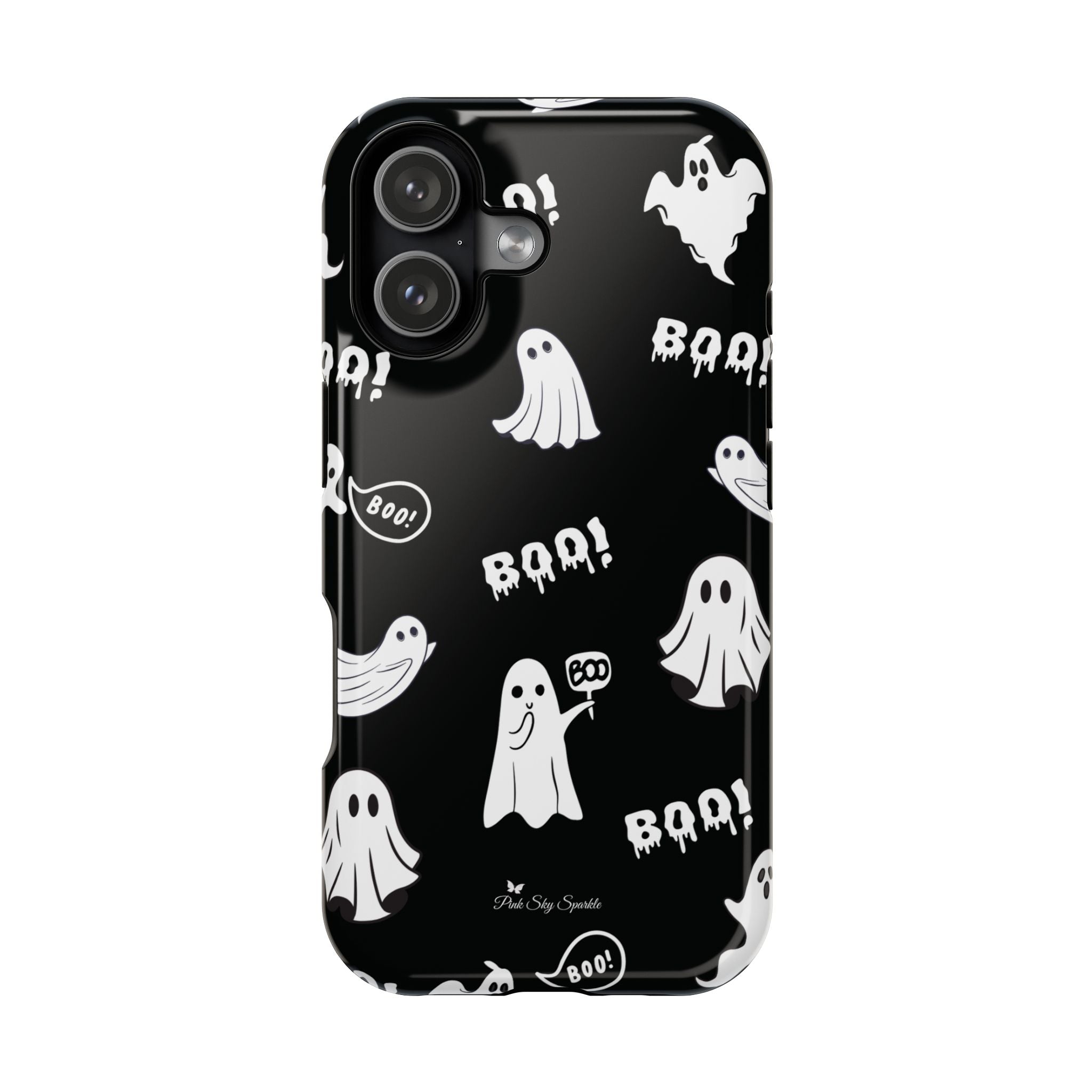 Phone case with ghost and 'BOO!' pattern on a black background