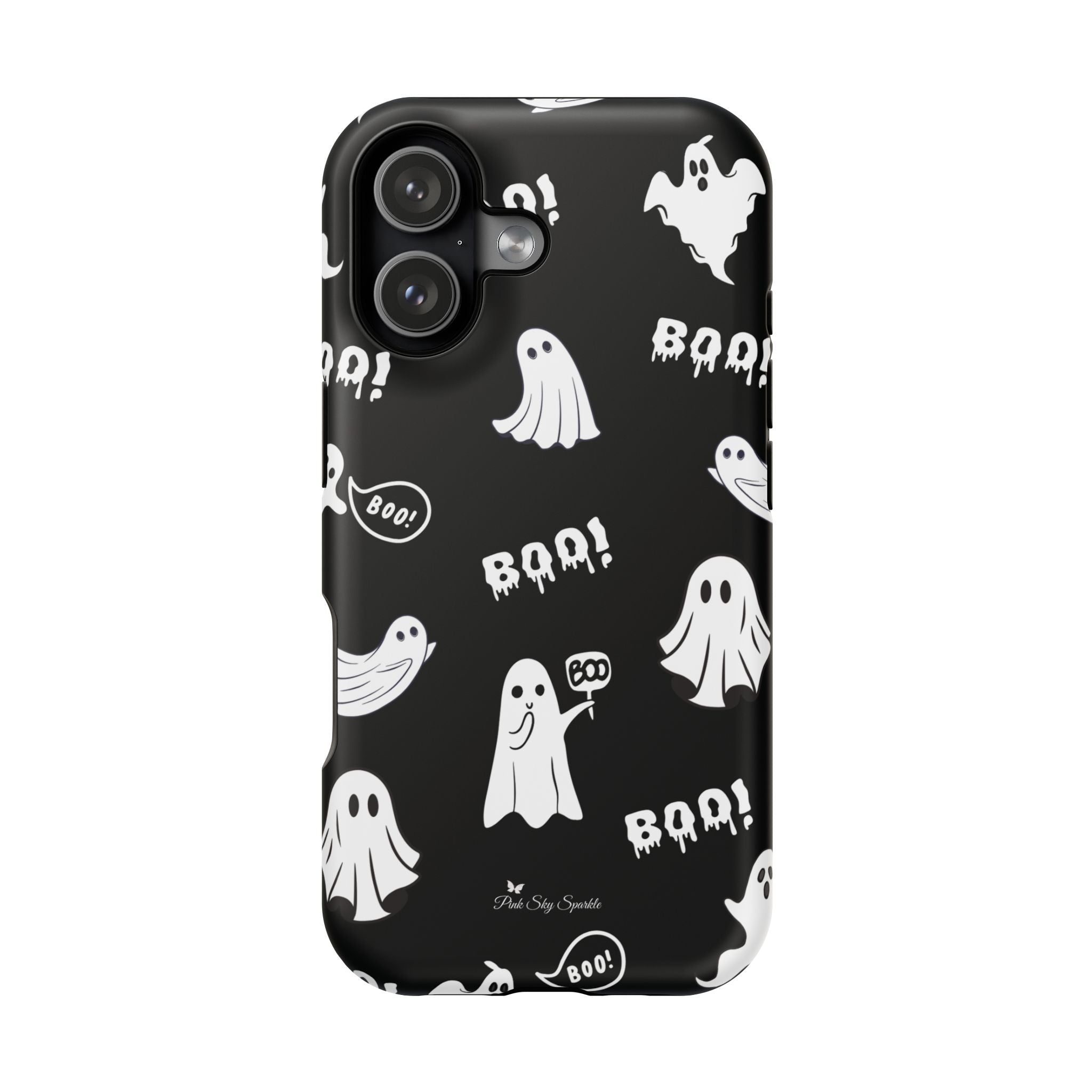 Phone case with Halloween-themed design featuring ghosts and 'BOO!' text on a black background