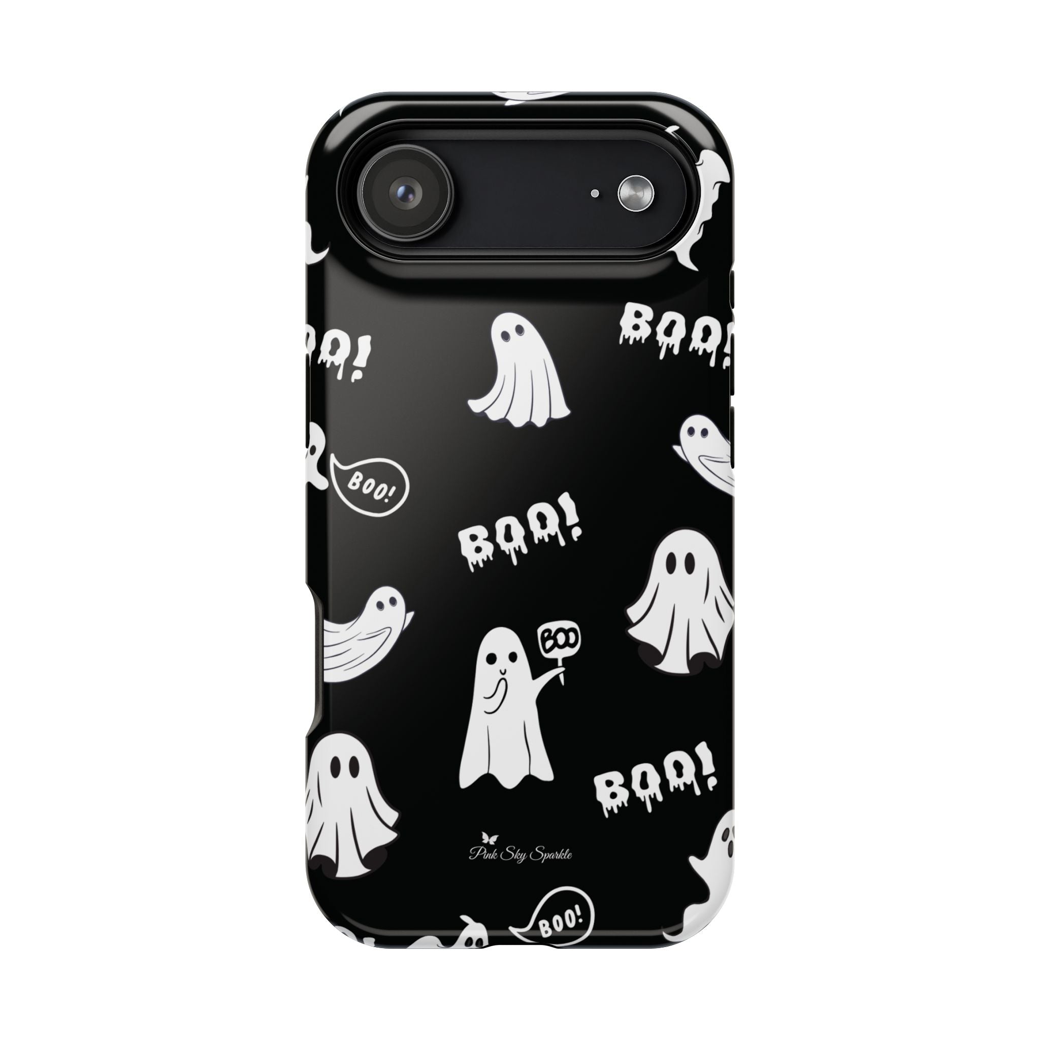 Phone case with ghost and 'BOO!' pattern on a black background