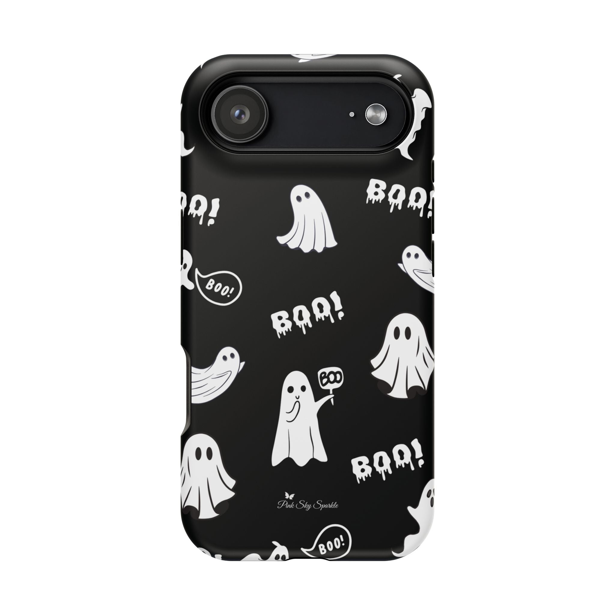 Phone case with Halloween-themed design featuring ghosts and 'BOO!' text on a black background.