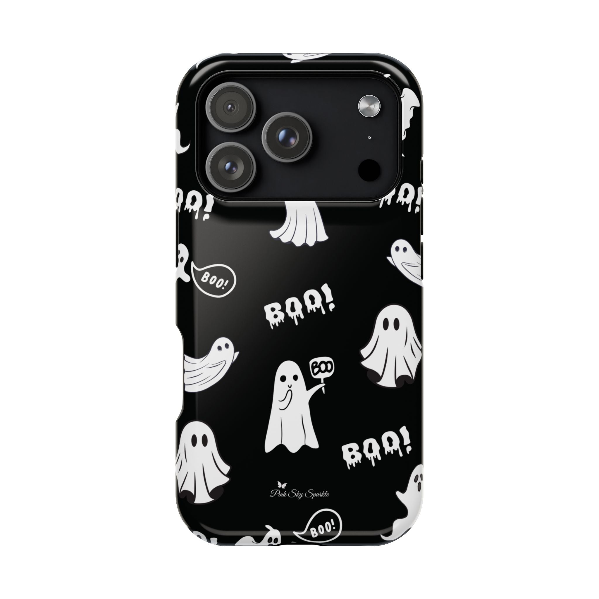 Black phone case with white ghost and 'BOO!' pattern on a white background