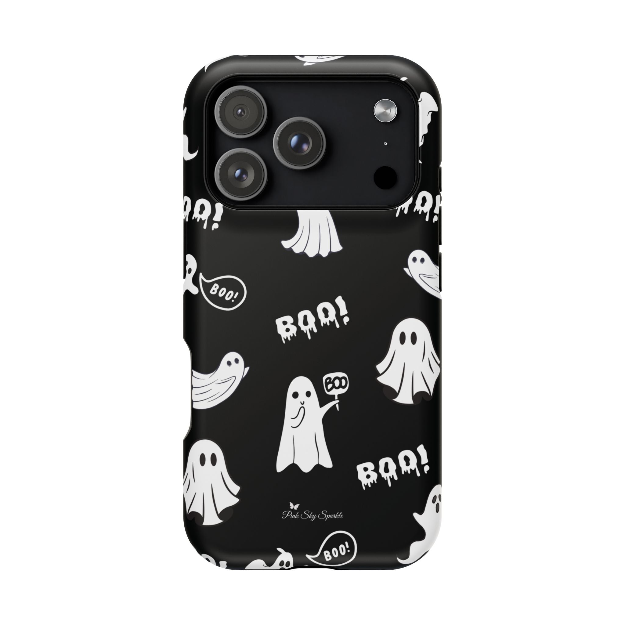 Black phone case with white ghost and 'BOO!' pattern on a white background