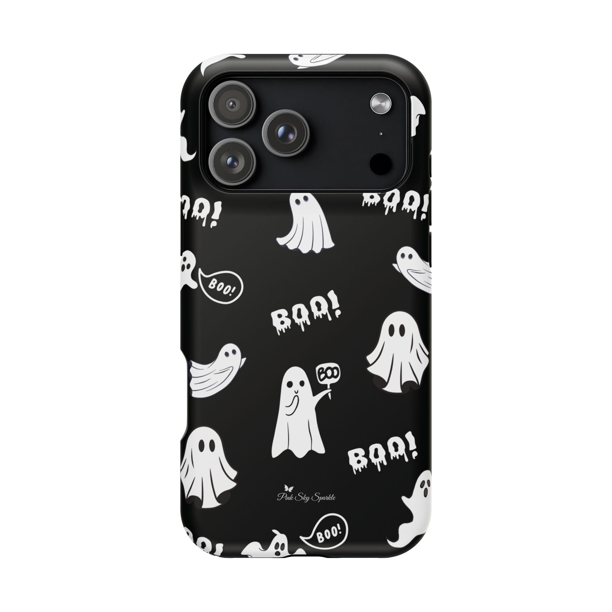 Phone case with Halloween-themed design featuring ghosts and 'BOO!' text on a black background.