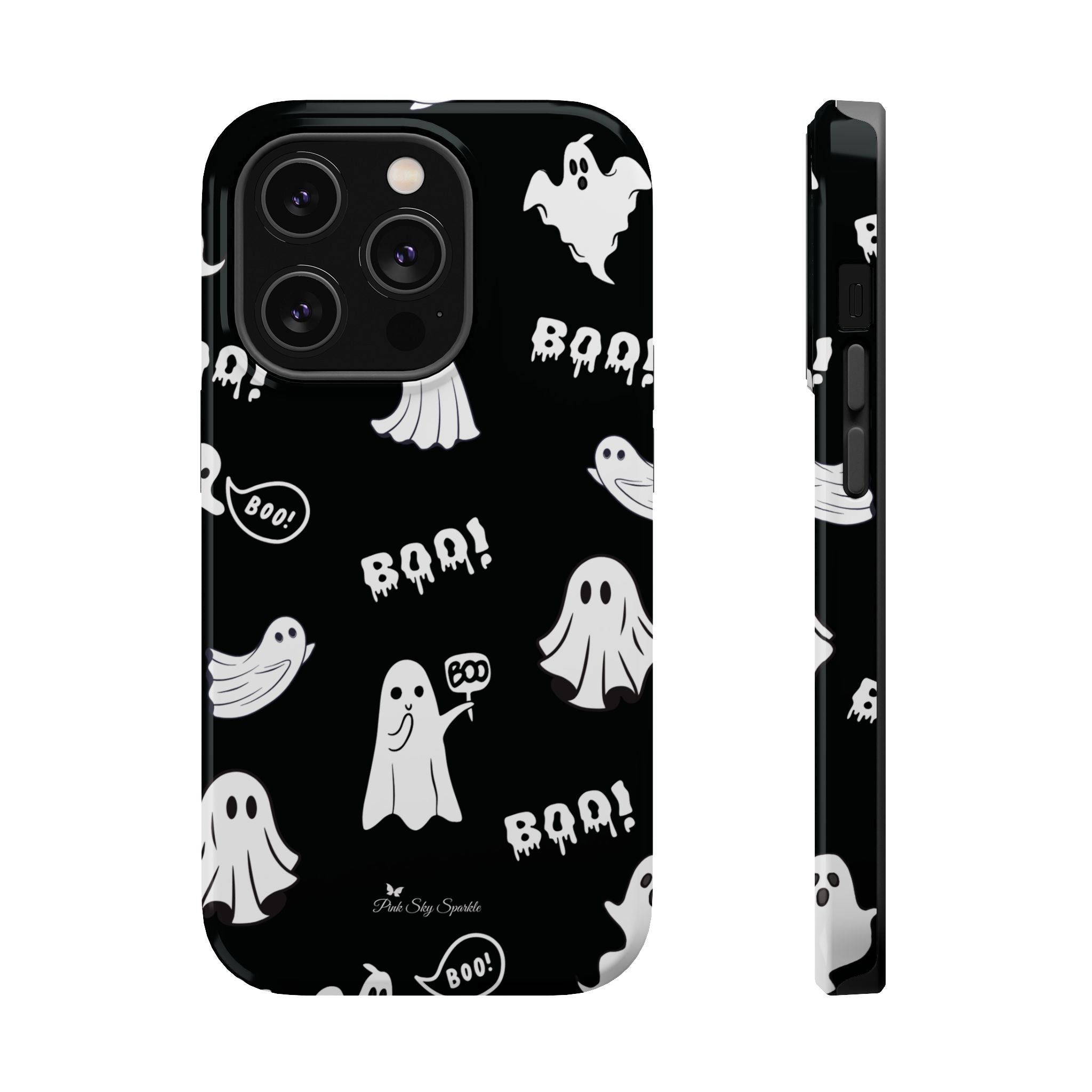 Phone case with Halloween-themed design featuring ghosts and 'BOO!' text on a black background