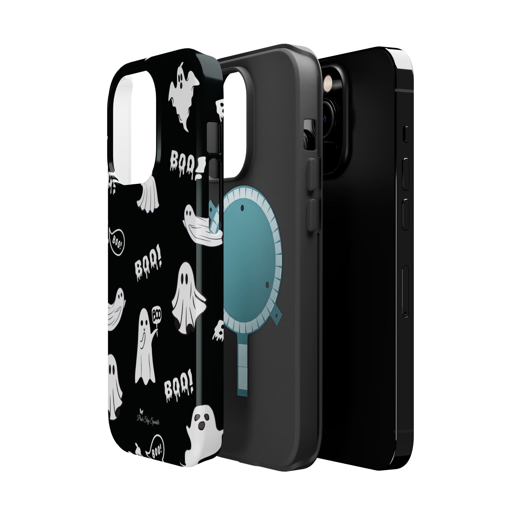 Black phone case with ghost design and 'BOO!' text on a white background